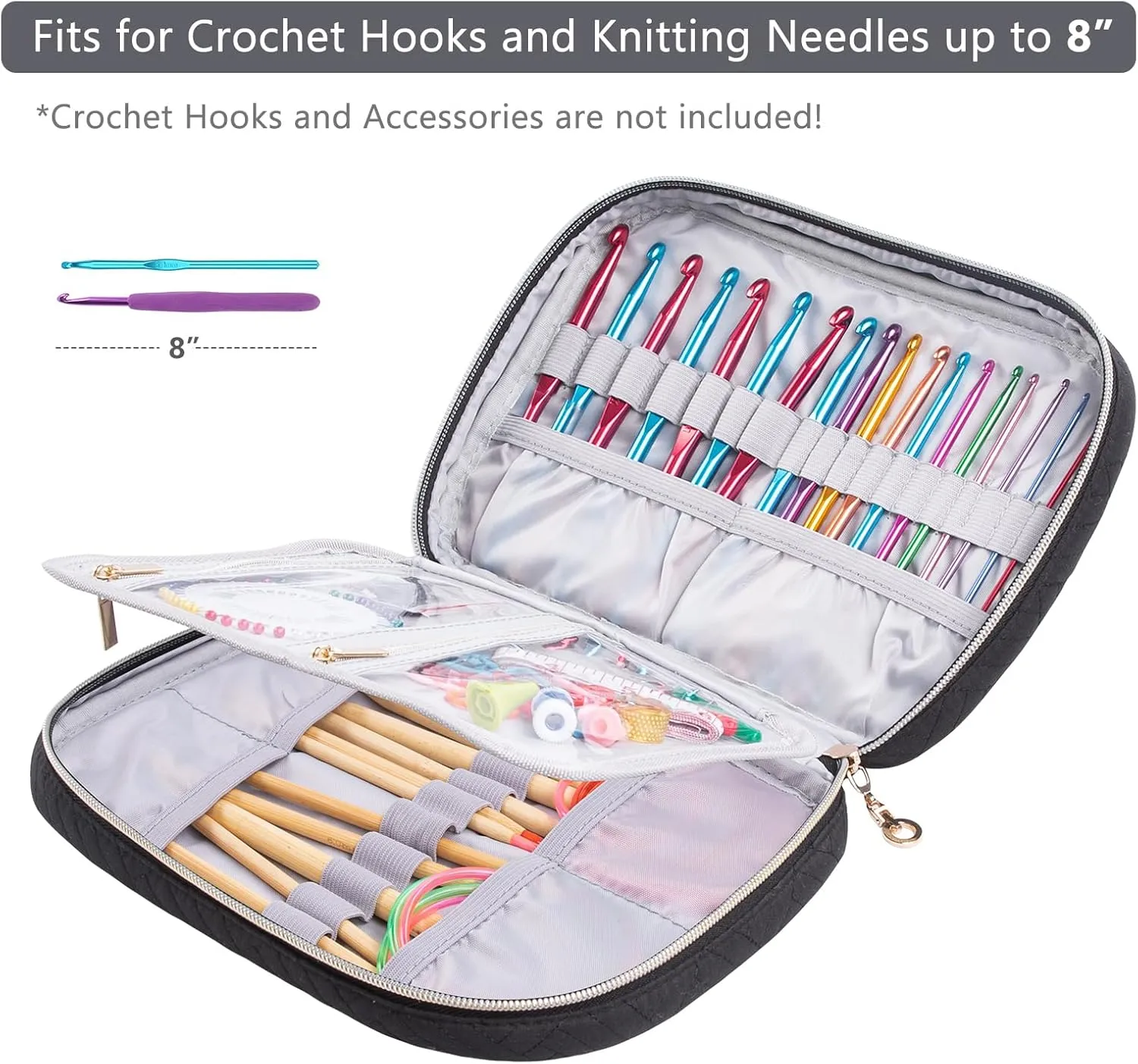 Crochet Hook Case - Quilted Organizer Case - Hook Holder for Circular Knitting Needles & Crochet Hooks (up to 8")