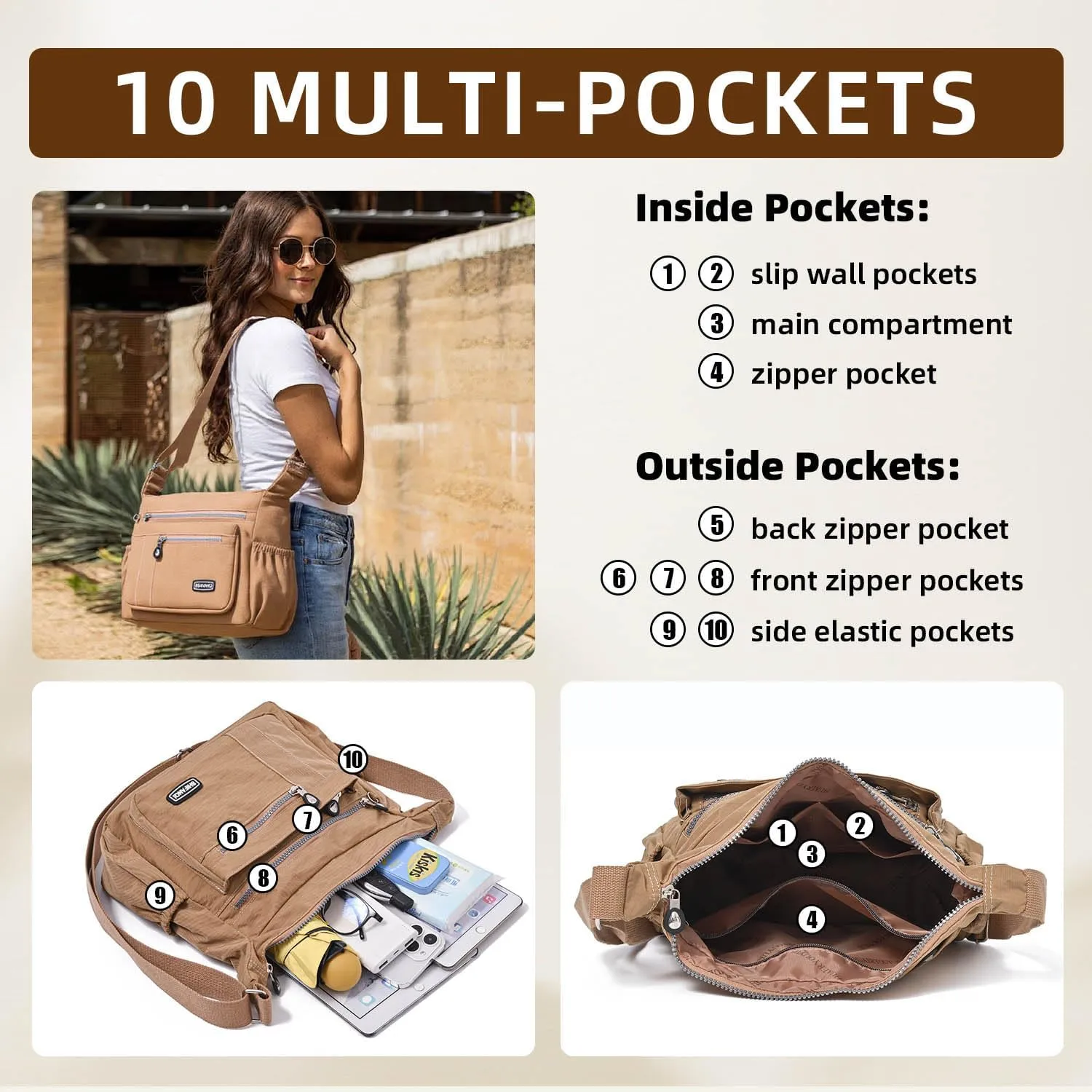 Crossbody Bag for Women, Multi Pockets Waterproof Nylon Shoulder Handbag, Lightweight Crossbody Purse for Ladies