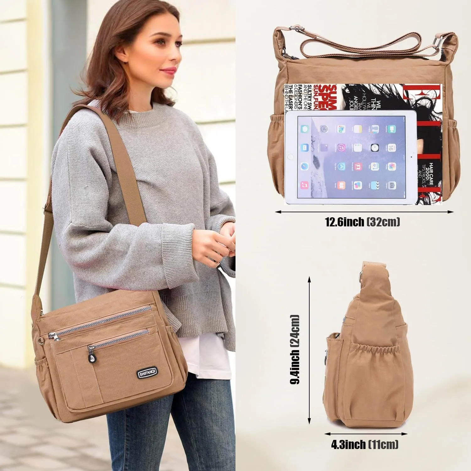 Crossbody Bag for Women, Multi Pockets Waterproof Nylon Shoulder Handbag, Lightweight Crossbody Purse for Ladies