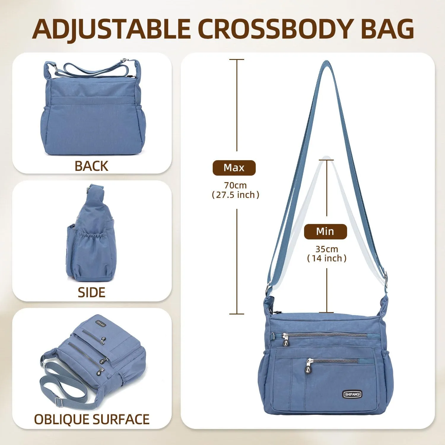 Crossbody Bag for Women, Multi Pockets Waterproof Nylon Shoulder Handbag, Lightweight Crossbody Purse for Ladies
