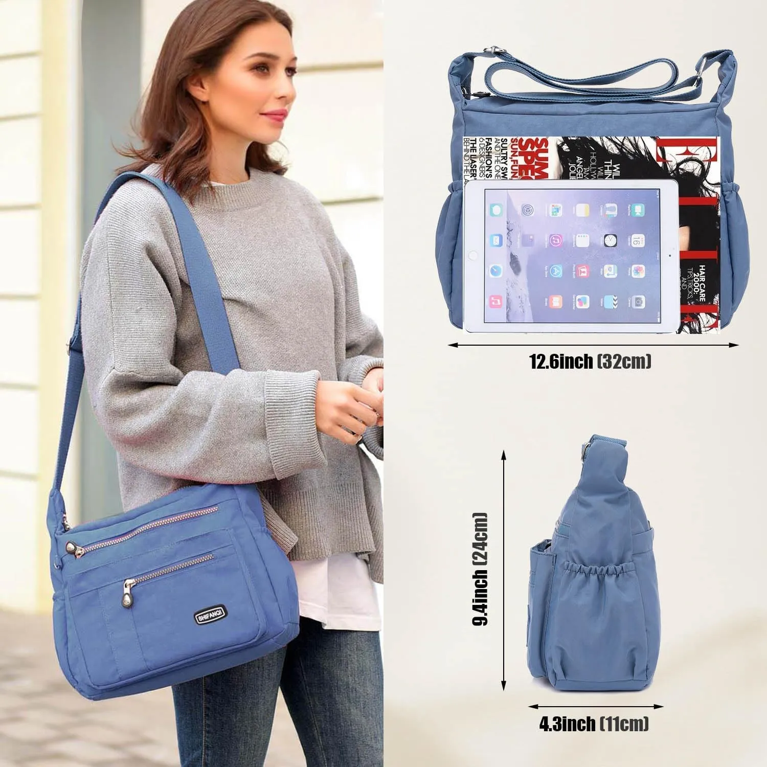 Crossbody Bag for Women, Multi Pockets Waterproof Nylon Shoulder Handbag, Lightweight Crossbody Purse for Ladies