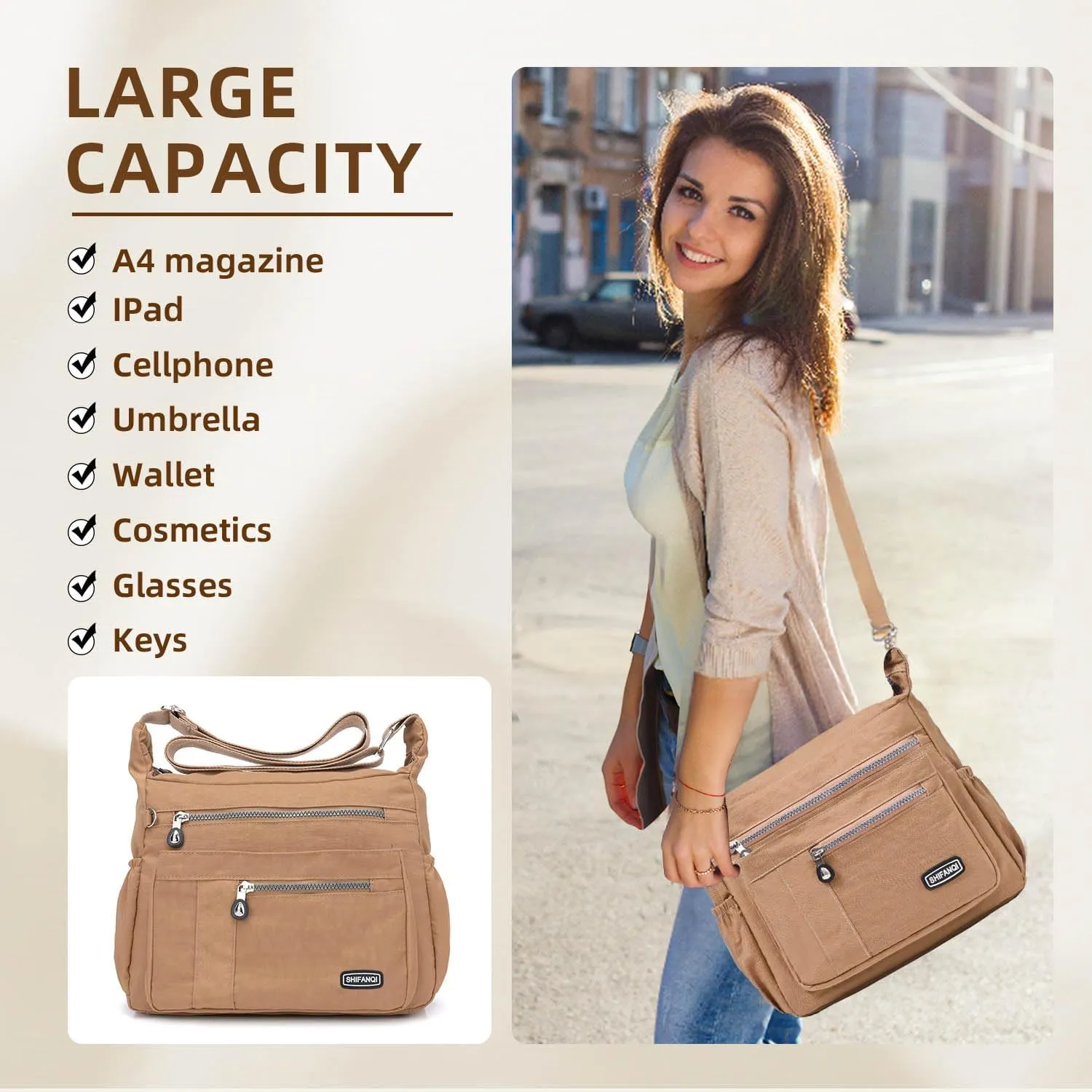Crossbody Bag for Women, Multi Pockets Waterproof Nylon Shoulder Handbag, Lightweight Crossbody Purse for Ladies