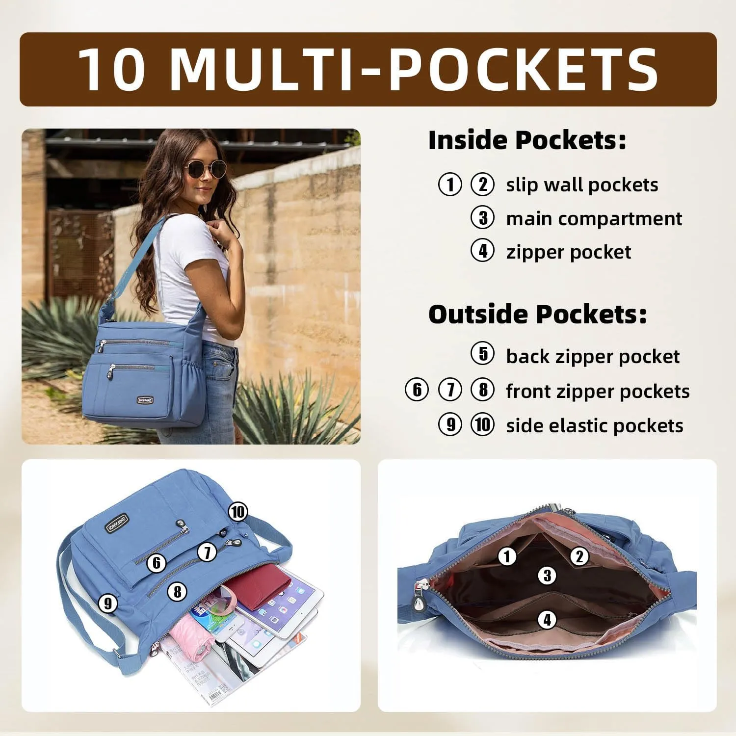 Crossbody Bag for Women, Multi Pockets Waterproof Nylon Shoulder Handbag, Lightweight Crossbody Purse for Ladies