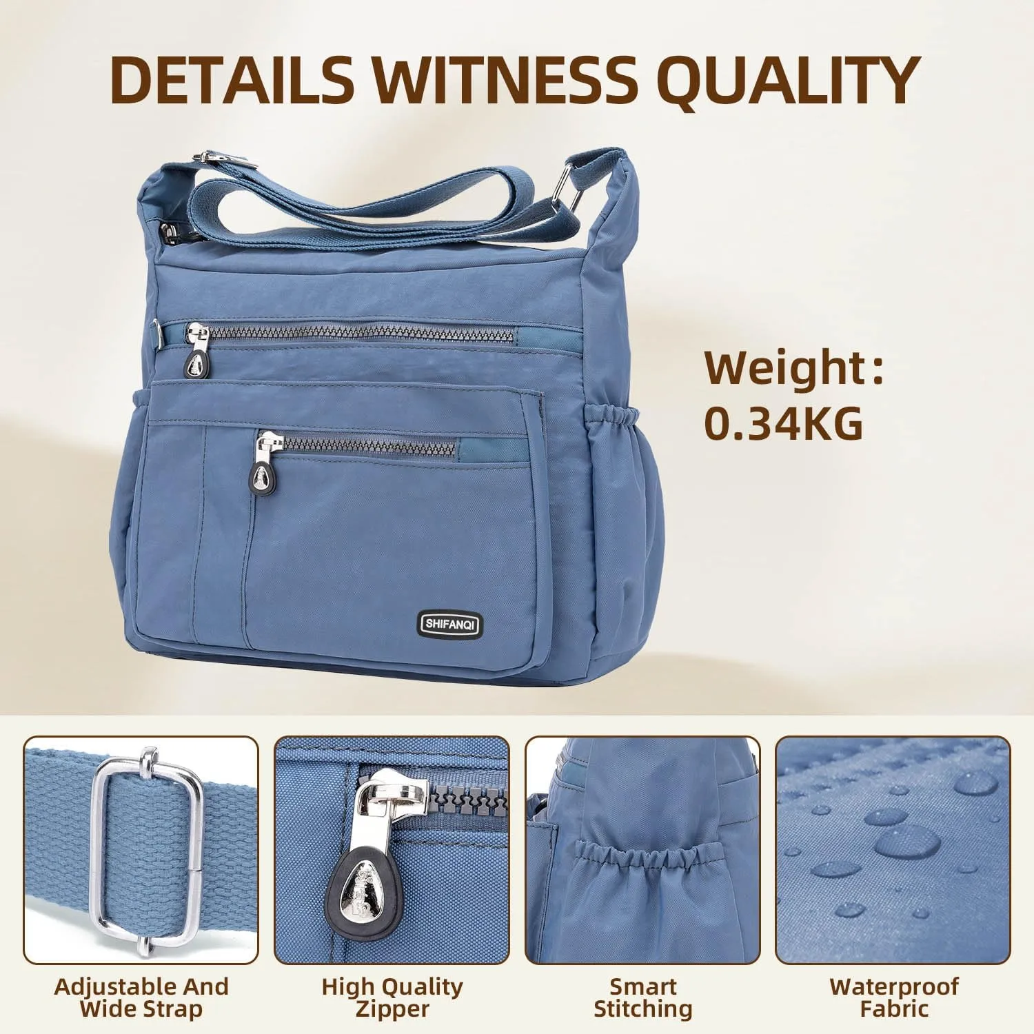 Crossbody Bag for Women, Multi Pockets Waterproof Nylon Shoulder Handbag, Lightweight Crossbody Purse for Ladies