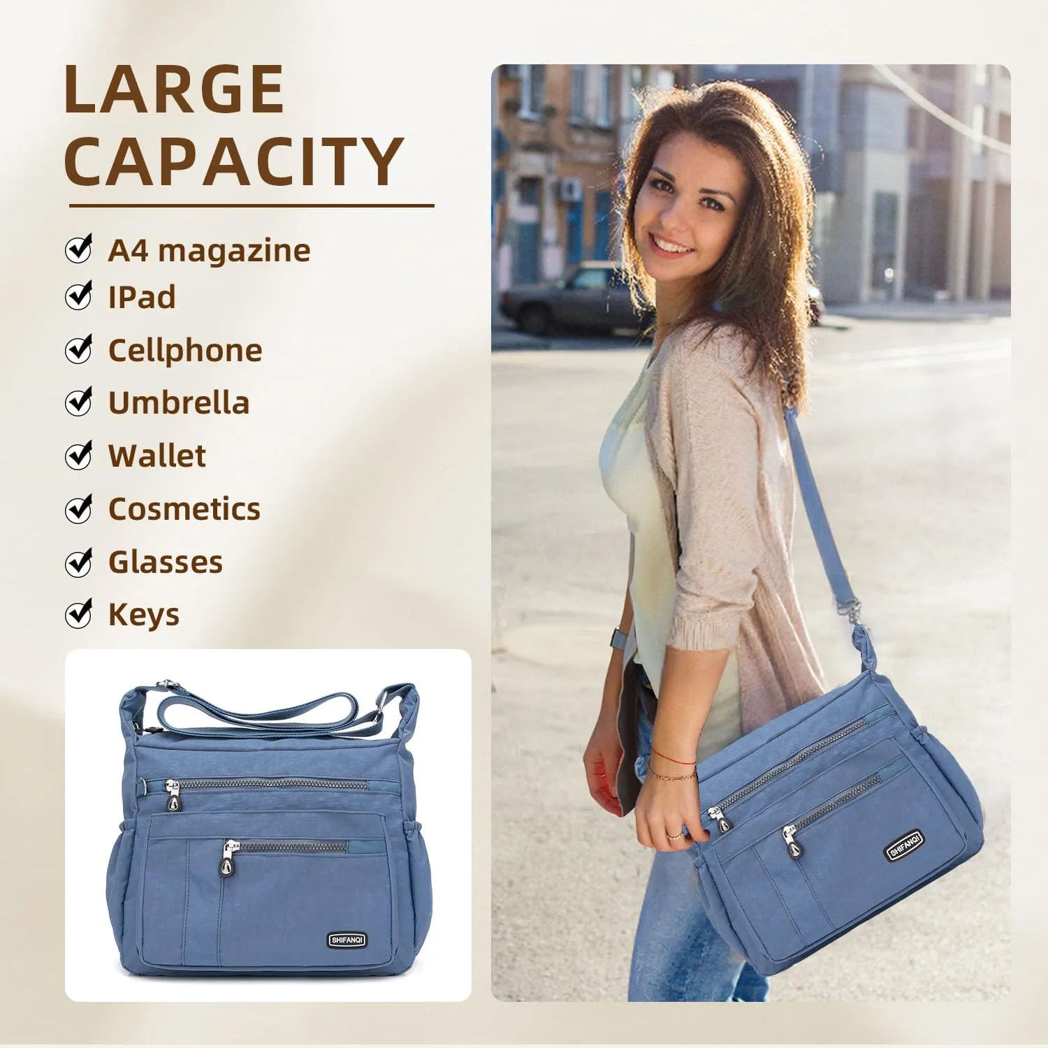 Crossbody Bag for Women, Multi Pockets Waterproof Nylon Shoulder Handbag, Lightweight Crossbody Purse for Ladies