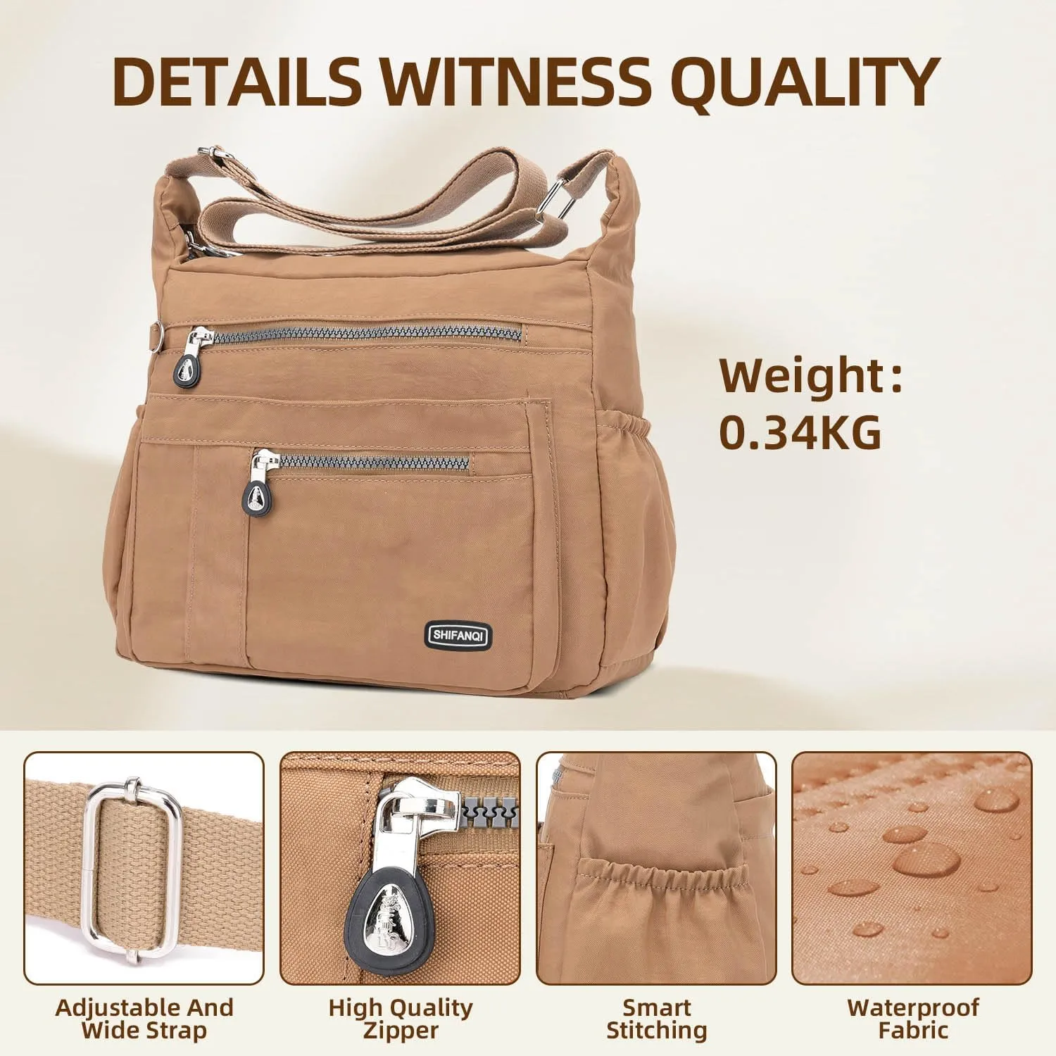 Crossbody Bag for Women, Multi Pockets Waterproof Nylon Shoulder Handbag, Lightweight Crossbody Purse for Ladies