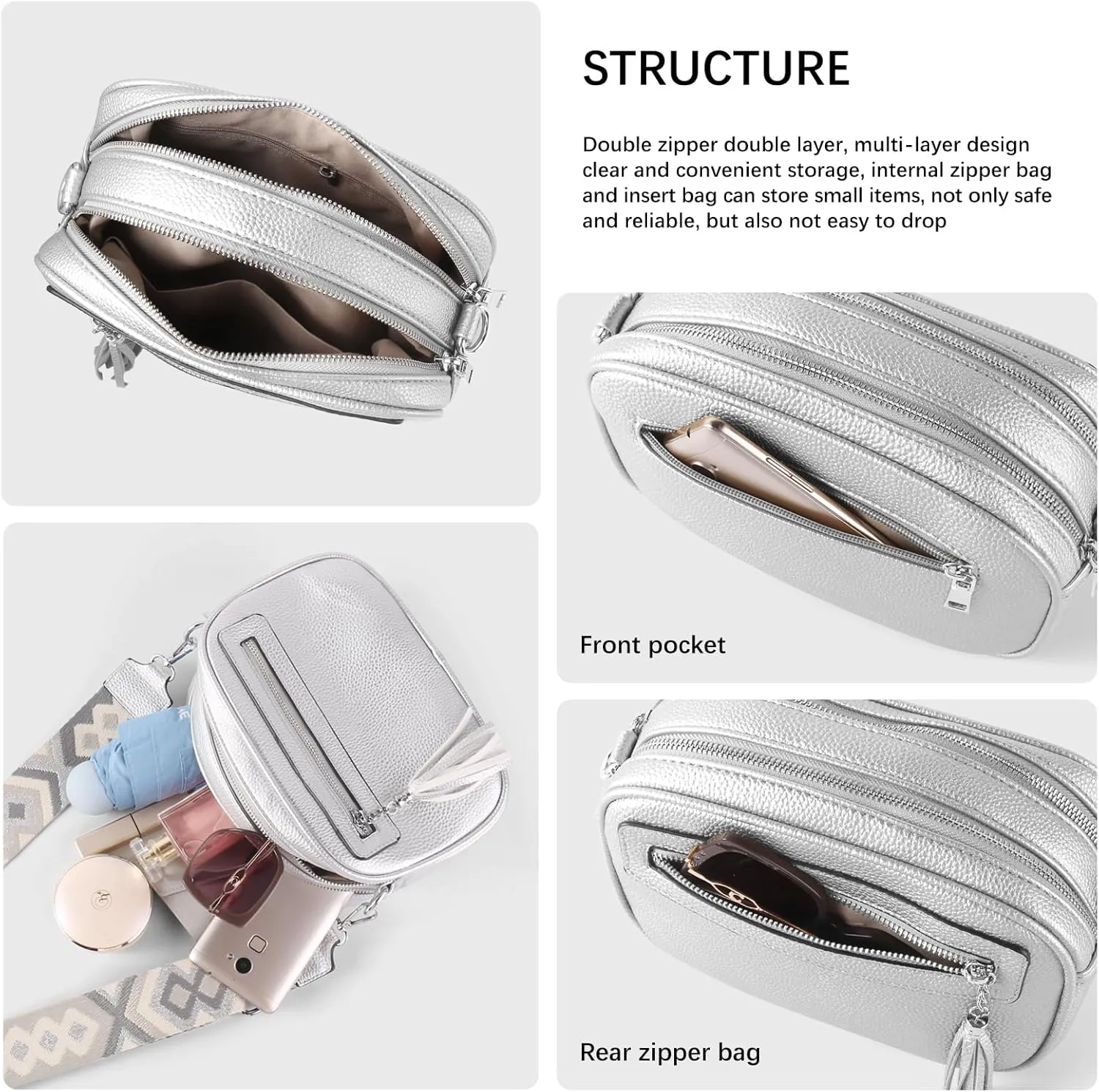 Crossbody Bag for Women Trendy Purse Small Shoulder Handbags with Wide Strap With Multi-compartment double zipper