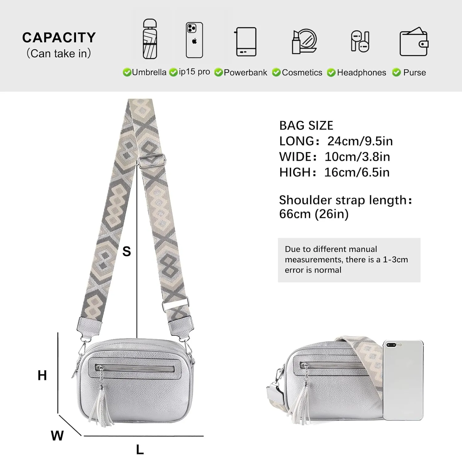 Crossbody Bag for Women Trendy Purse Small Shoulder Handbags with Wide Strap With Multi-compartment double zipper