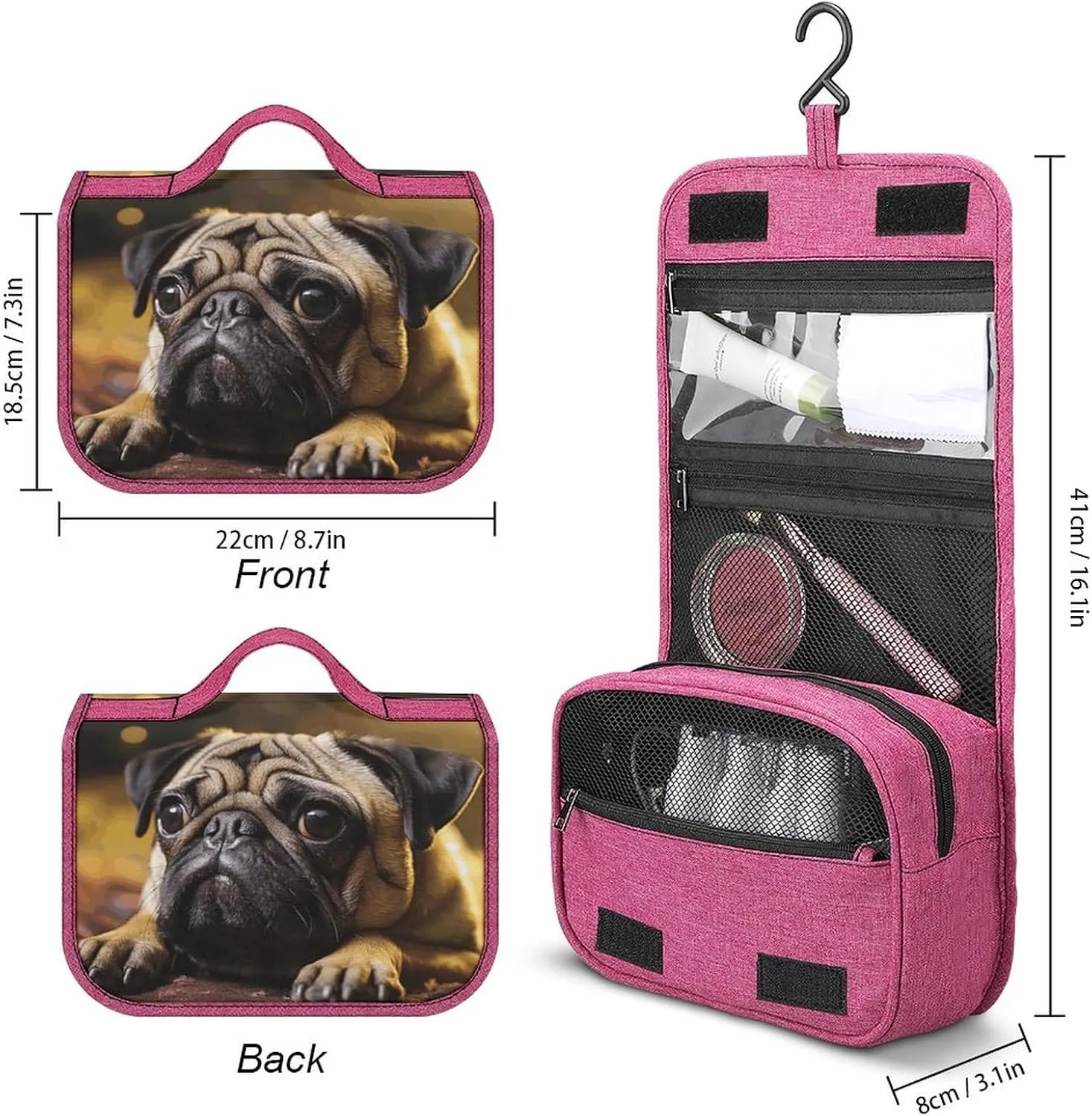 Cry Pug Travel Toiletry Bag for Women,Hanging Toiletry Organizer with Hook, Makeup Bag Travel Organizer for Shampoo,Toiletriesl
