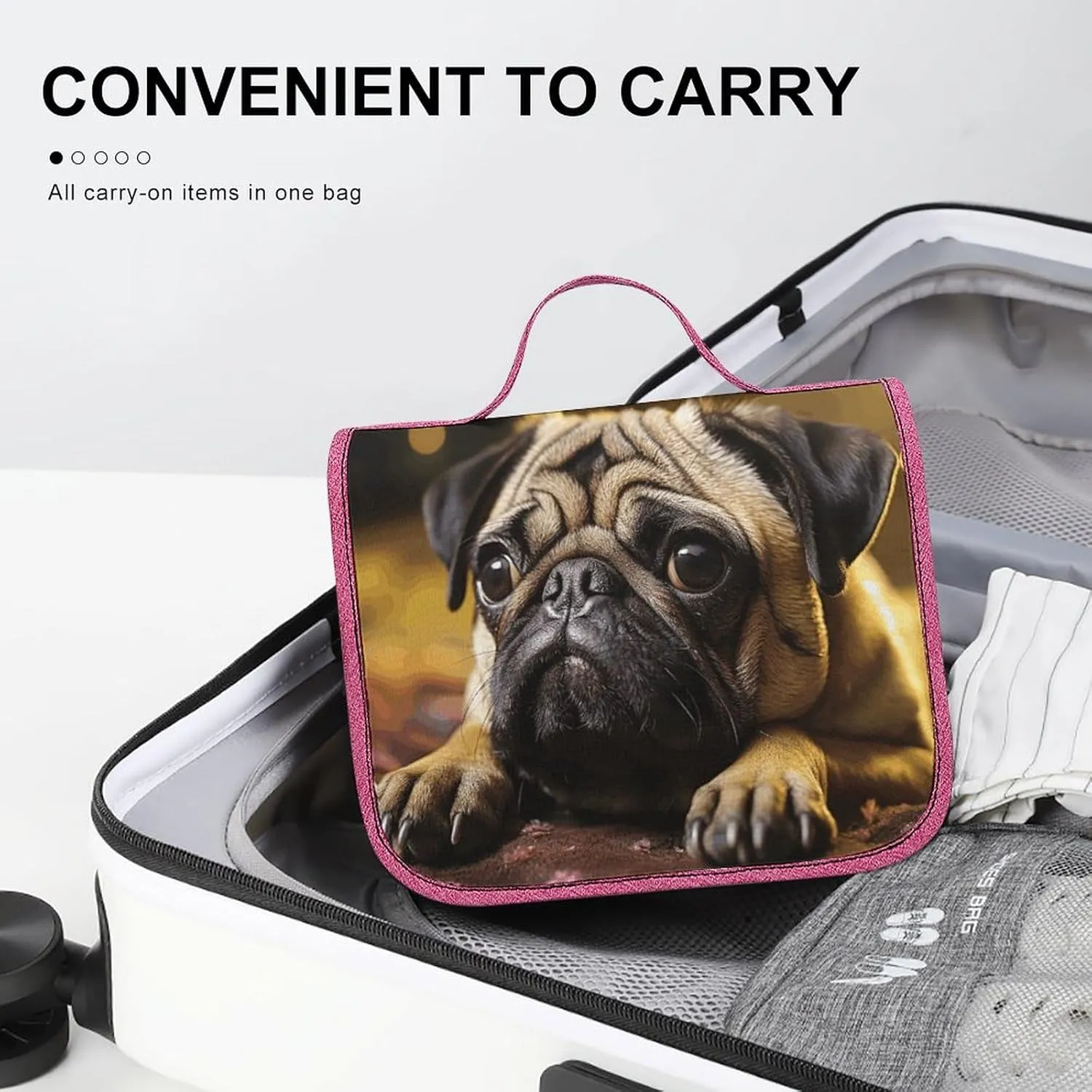 Cry Pug Travel Toiletry Bag for Women,Hanging Toiletry Organizer with Hook, Makeup Bag Travel Organizer for Shampoo,Toiletriesl