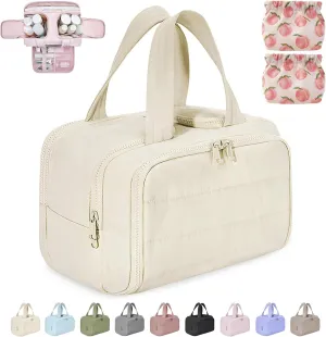 Cureaway Travel Cosmetic Bag,Curetoaway Large Capacity Wide-Open Travel Cosmetic Bag,4-In-1 Waterproof Portable Pouch Open Flat Toiletry Bags,Dry-And-Wet Separation,With 4 Compartments (Beige)
