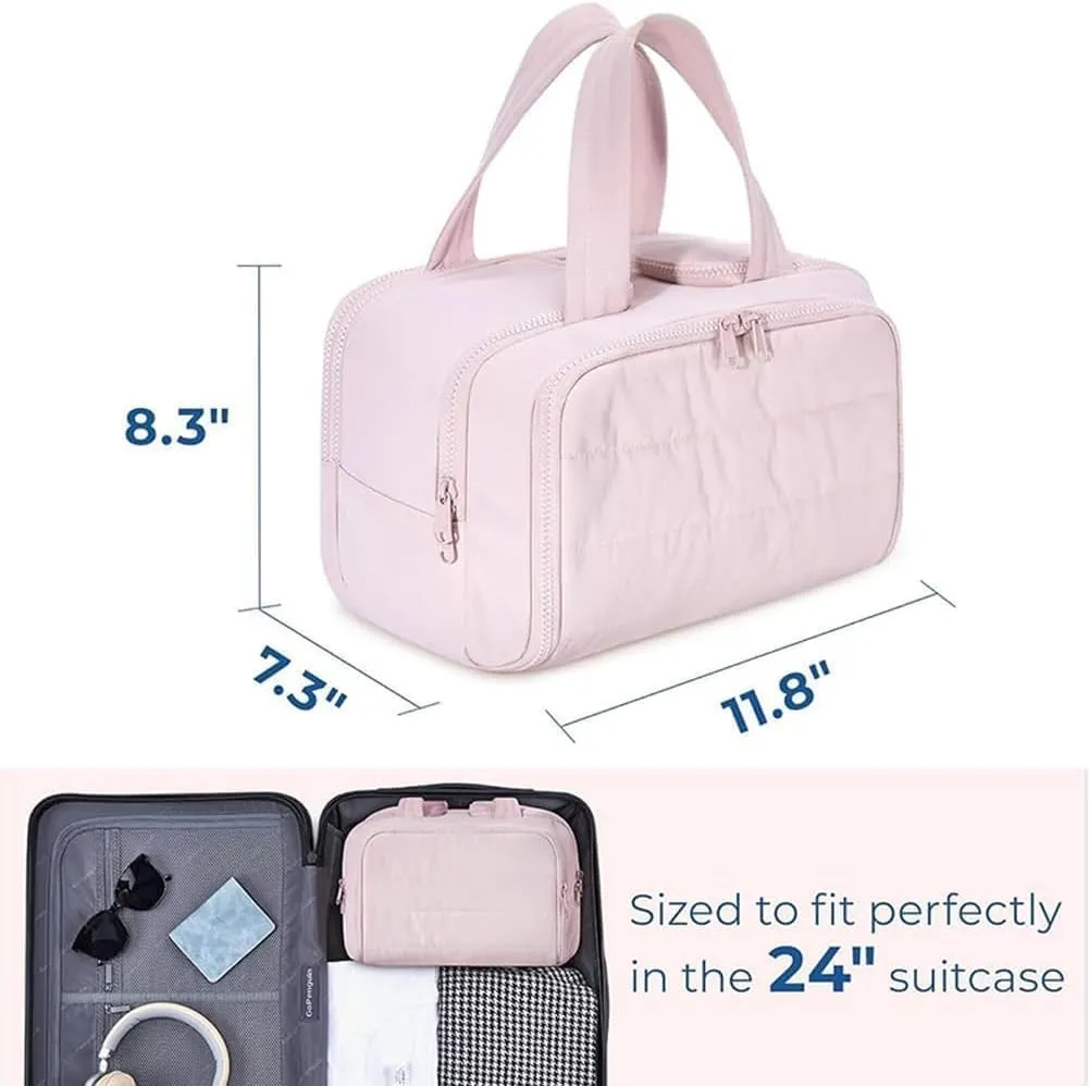 Cureaway Travel Cosmetic Bag,Curetoaway Large Capacity Wide-Open Travel Cosmetic Bag,4-In-1 Waterproof Portable Pouch Open Flat Toiletry Bags,Dry-And-Wet Separation,With 4 Compartments (Beige)