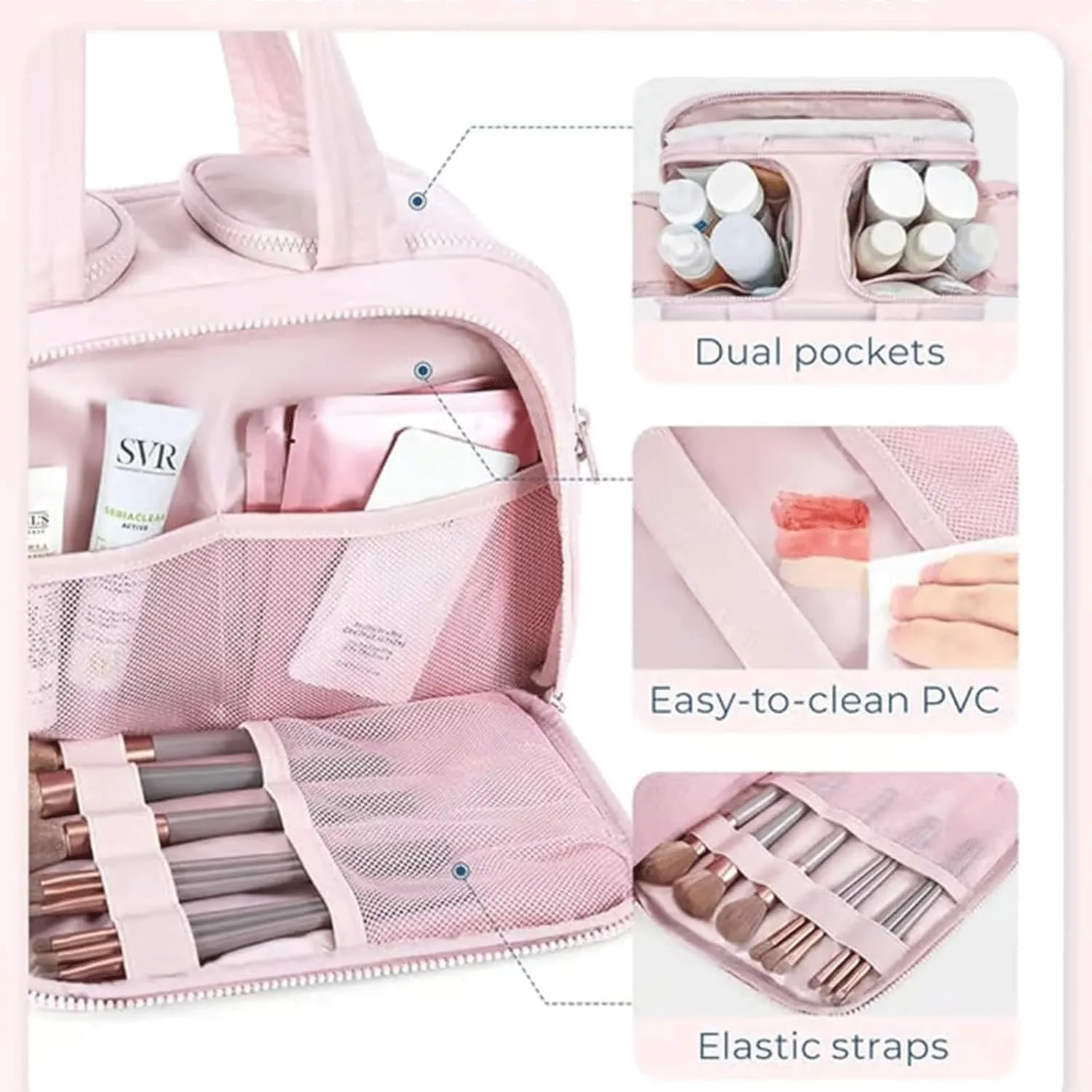 Cureaway Travel Cosmetic Bag,Curetoaway Large Capacity Wide-Open Travel Cosmetic Bag,4-In-1 Waterproof Portable Pouch Open Flat Toiletry Bags,Dry-And-Wet Separation,With 4 Compartments (Beige)
