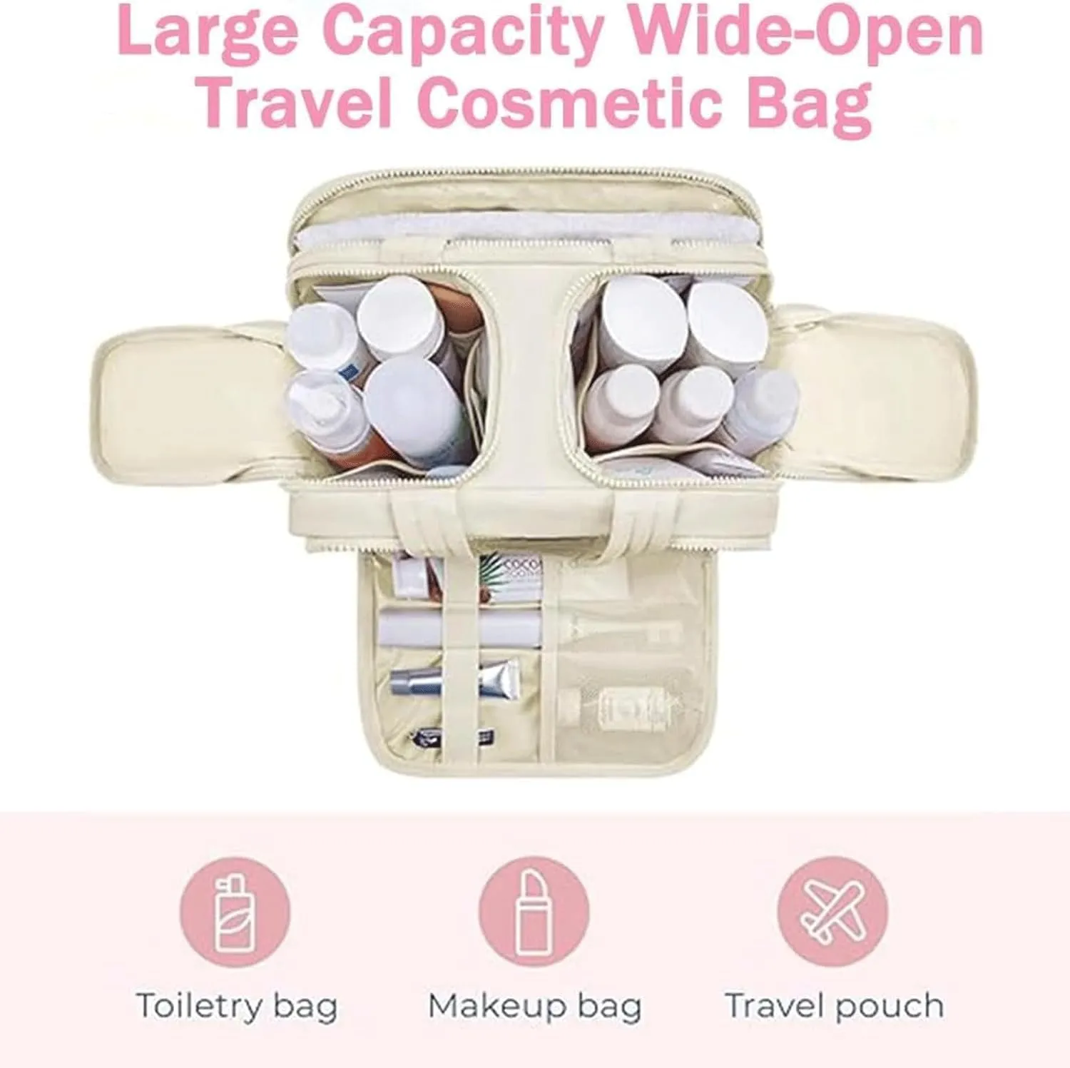 Cureaway Travel Cosmetic Bag,Curetoaway Large Capacity Wide-Open Travel Cosmetic Bag,4-In-1 Waterproof Portable Pouch Open Flat Toiletry Bags,Dry-And-Wet Separation,With 4 Compartments (Beige)