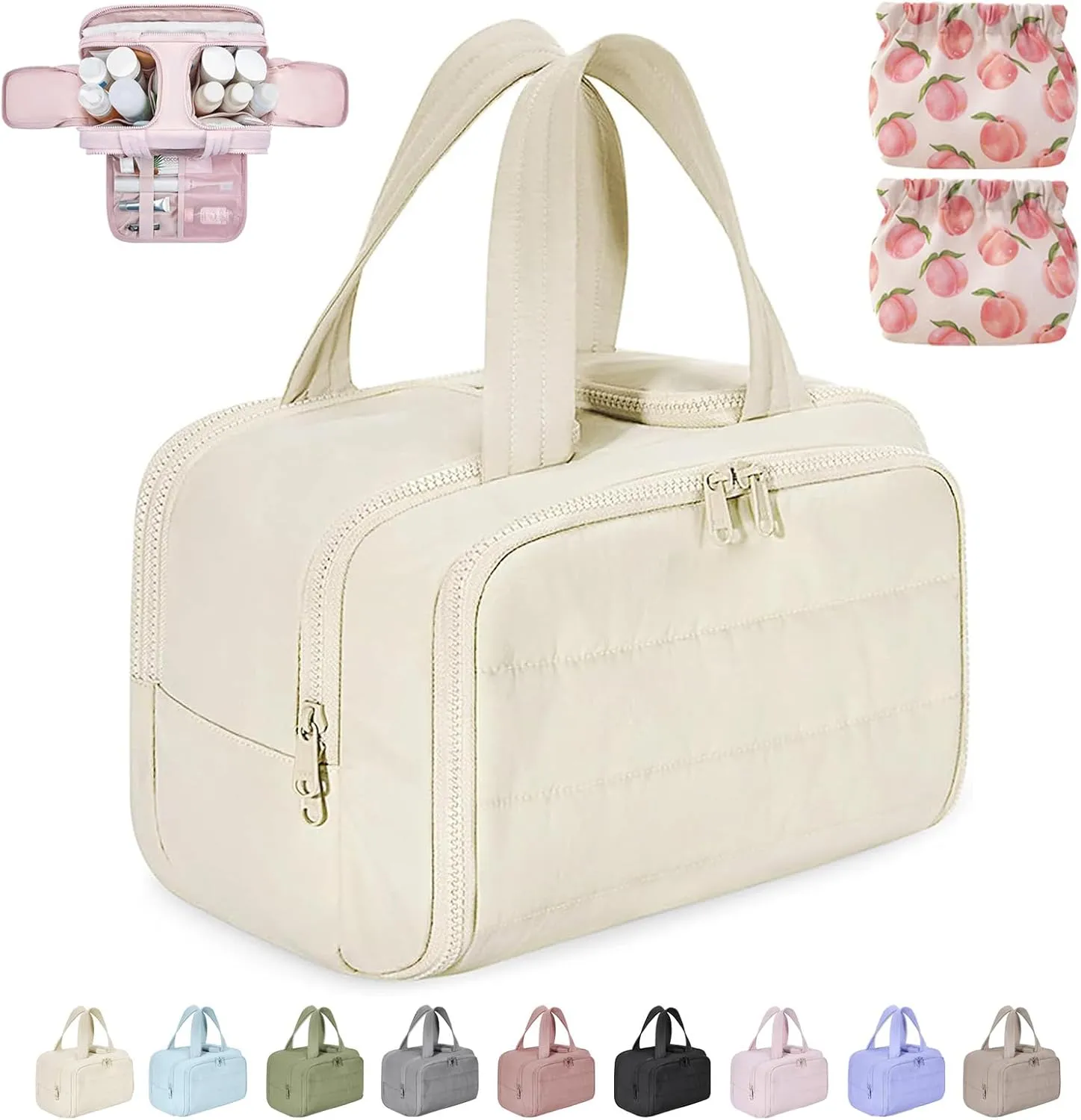 Cureaway Travel Cosmetic Bag,Curetoaway Large Capacity Wide-Open Travel Cosmetic Bag,4-In-1 Waterproof Portable Pouch Open Flat Toiletry Bags,Dry-And-Wet Separation,With 4 Compartments (Beige)