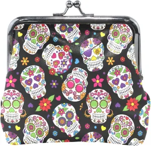 Custom Cool Sugar Skulls Black Coin Purse for Women Leather Cute Buckle Kiss Lock Change Pouch Wallet