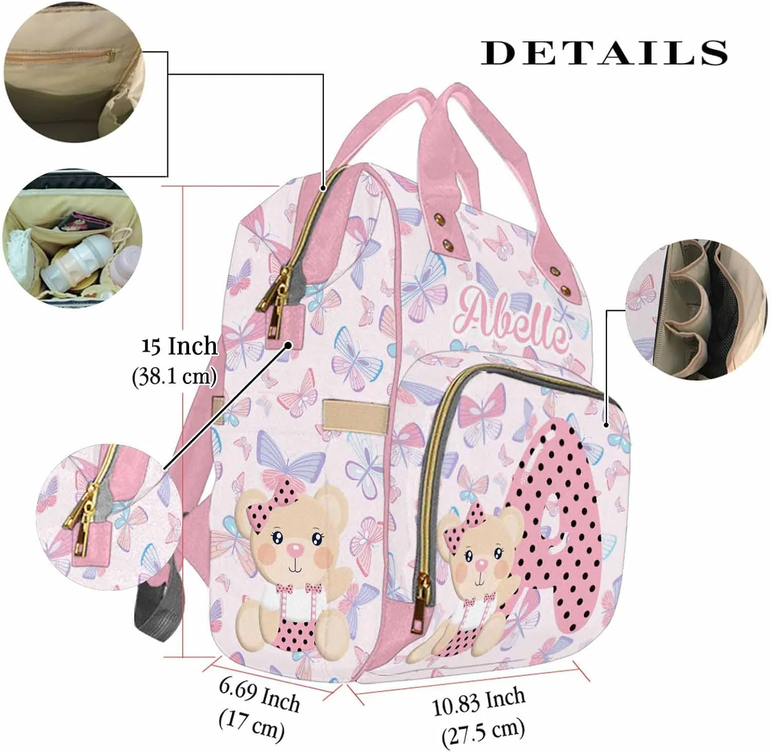 Custom Diaper Bag Backpack with Name, Personalized Multifunction Large Diaper Backpack Large Capacity Mommy Bag for New Mom 0303-10