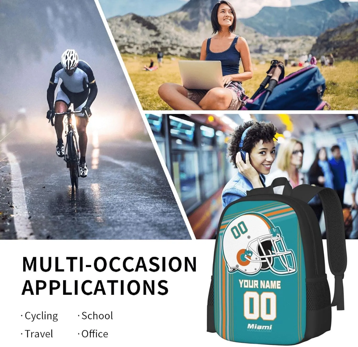 Custom Miami Backpack Personalized Name Number, Customize High Capacity Bookbag 17 Inch Laptop Bag Travel Backpack Gifts for Men Women Boys