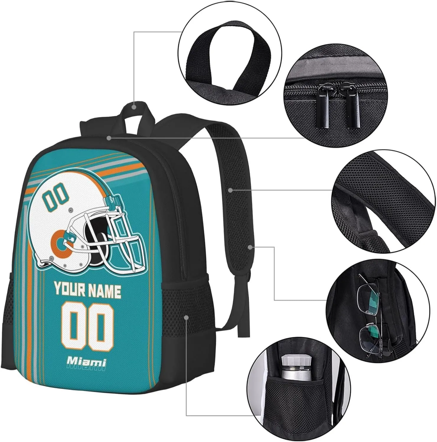 Custom Miami Backpack Personalized Name Number, Customize High Capacity Bookbag 17 Inch Laptop Bag Travel Backpack Gifts for Men Women Boys