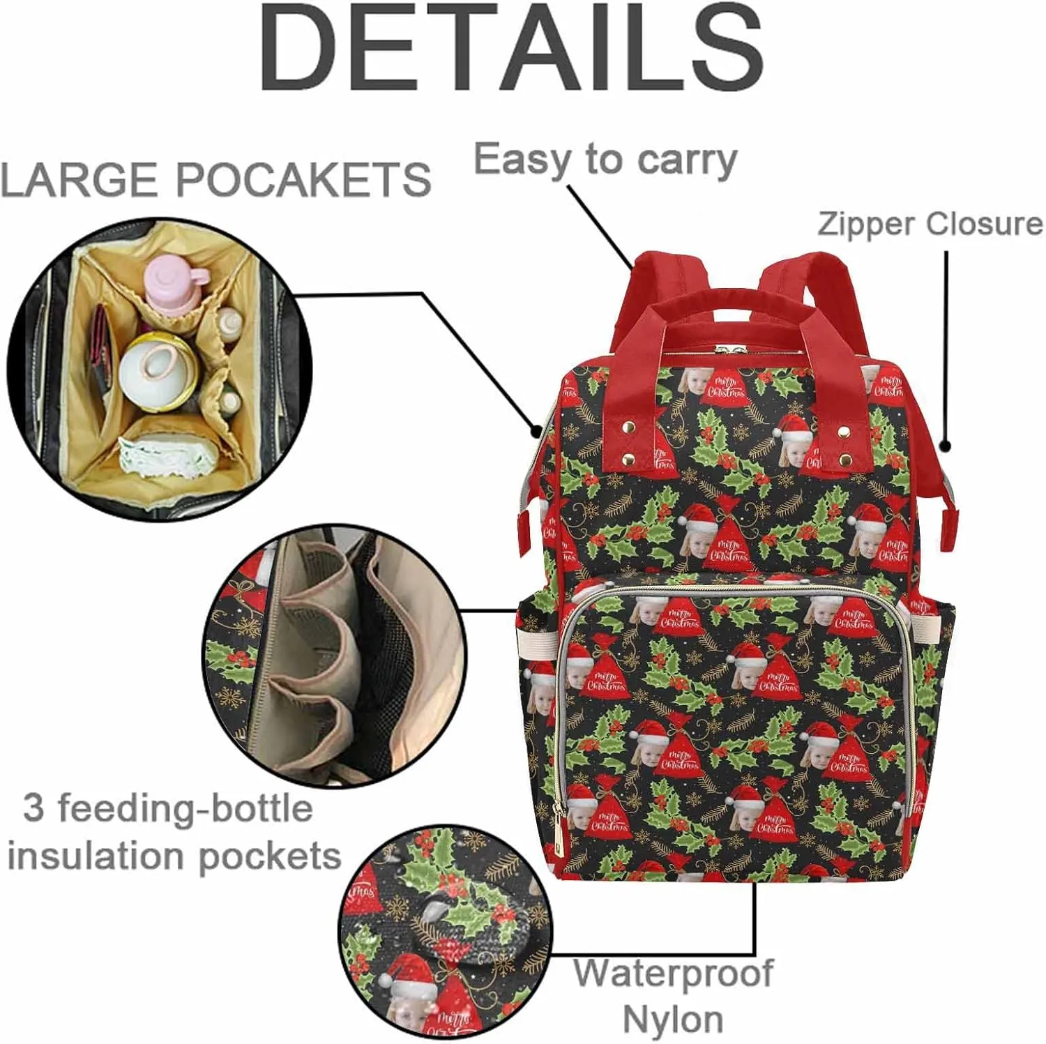 Custom Photo Diaper Bag with Christmas Cherry, Customized Merry Christmas Nappy Mommy Bags, Waterproof Nylon Daypack with Large Capacity for Travel, Cute Personalized Gift for New Mom & Wife