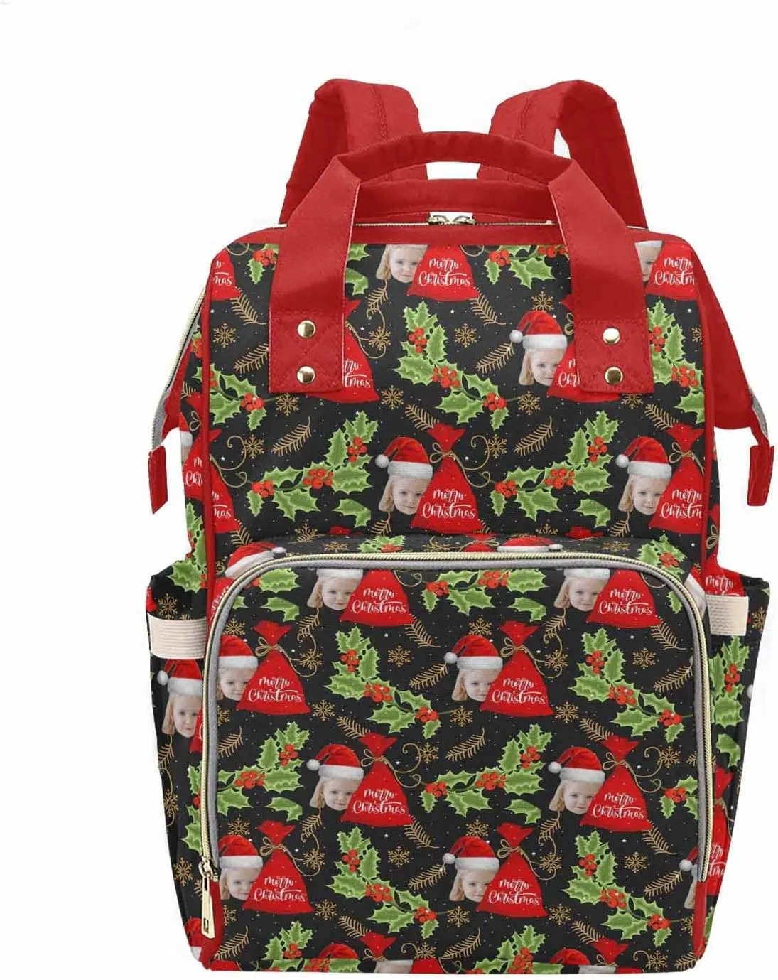 Custom Photo Diaper Bag with Christmas Cherry, Customized Merry Christmas Nappy Mommy Bags, Waterproof Nylon Daypack with Large Capacity for Travel, Cute Personalized Gift for New Mom & Wife