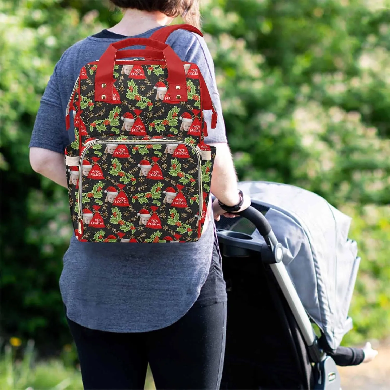 Custom Photo Diaper Bag with Christmas Cherry, Customized Merry Christmas Nappy Mommy Bags, Waterproof Nylon Daypack with Large Capacity for Travel, Cute Personalized Gift for New Mom & Wife