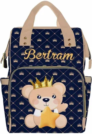 Custom Prince Bear Diaper Bag with Name, Personalized Light Blue Crown Cute Mommy Daypack with Snowflake, Nylon Waterproof Backpack for Baby Boy, Gifts for Newborn Moms Suitable for Travel Outdoor Use
