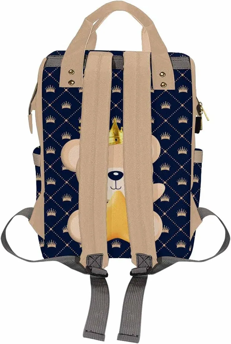 Custom Prince Bear Diaper Bag with Name, Personalized Light Blue Crown Cute Mommy Daypack with Snowflake, Nylon Waterproof Backpack for Baby Boy, Gifts for Newborn Moms Suitable for Travel Outdoor Use