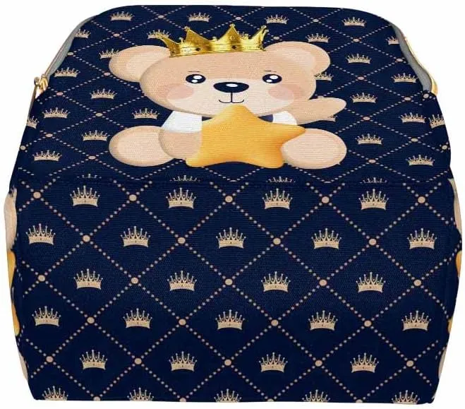 Custom Prince Bear Diaper Bag with Name, Personalized Light Blue Crown Cute Mommy Daypack with Snowflake, Nylon Waterproof Backpack for Baby Boy, Gifts for Newborn Moms Suitable for Travel Outdoor Use