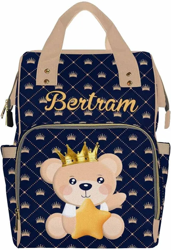 Custom Prince Bear Diaper Bag with Name, Personalized Light Blue Crown Cute Mommy Daypack with Snowflake, Nylon Waterproof Backpack for Baby Boy, Gifts for Newborn Moms Suitable for Travel Outdoor Use