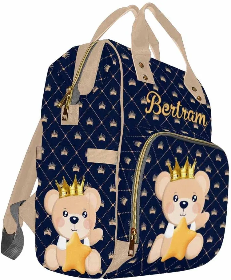 Custom Prince Bear Diaper Bag with Name, Personalized Light Blue Crown Cute Mommy Daypack with Snowflake, Nylon Waterproof Backpack for Baby Boy, Gifts for Newborn Moms Suitable for Travel Outdoor Use