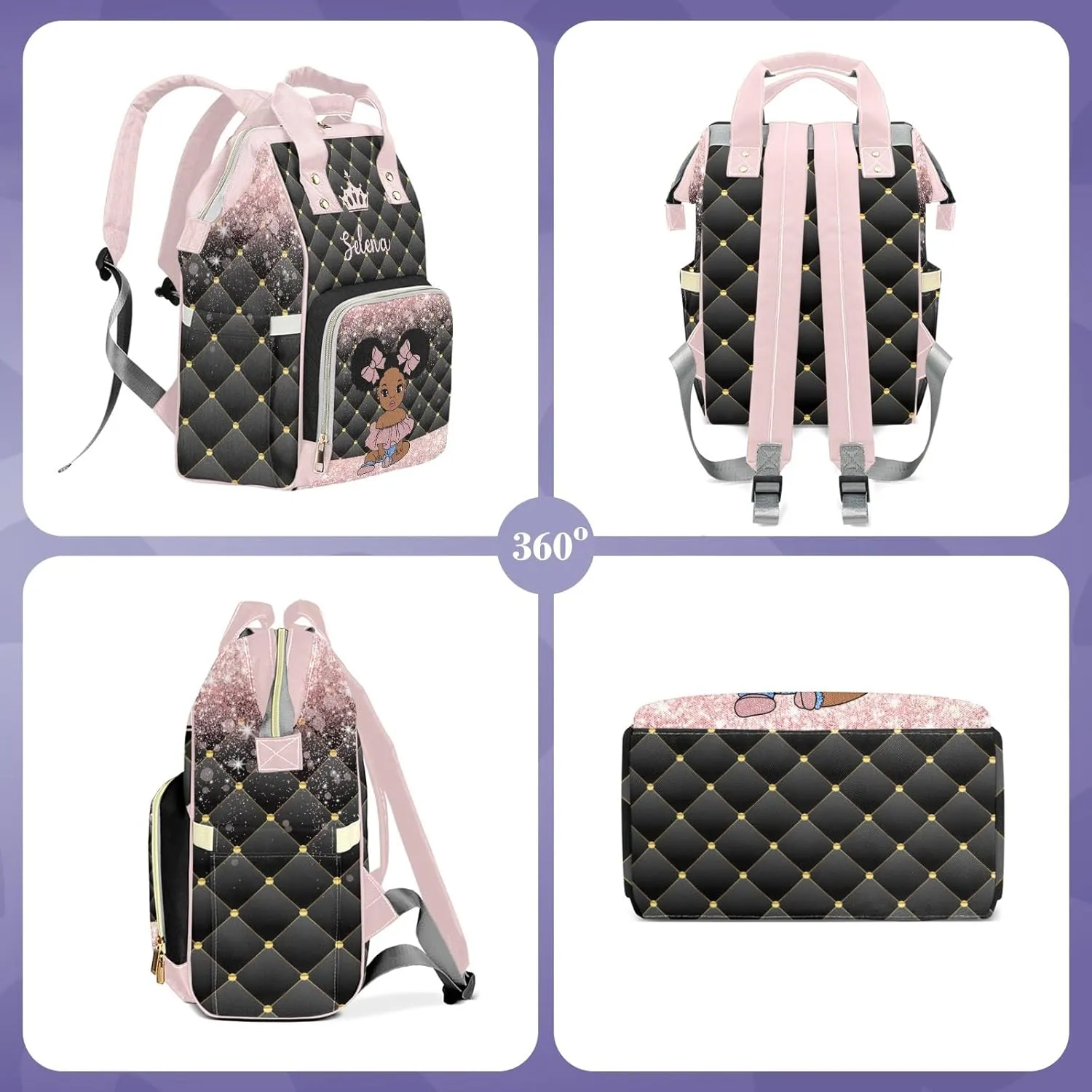 Customizable Large Capacity Diaper Bag Africa Black Personalized Name, Waterproof Multi-Function Mommy Bag with Thermal Pockets for Girls