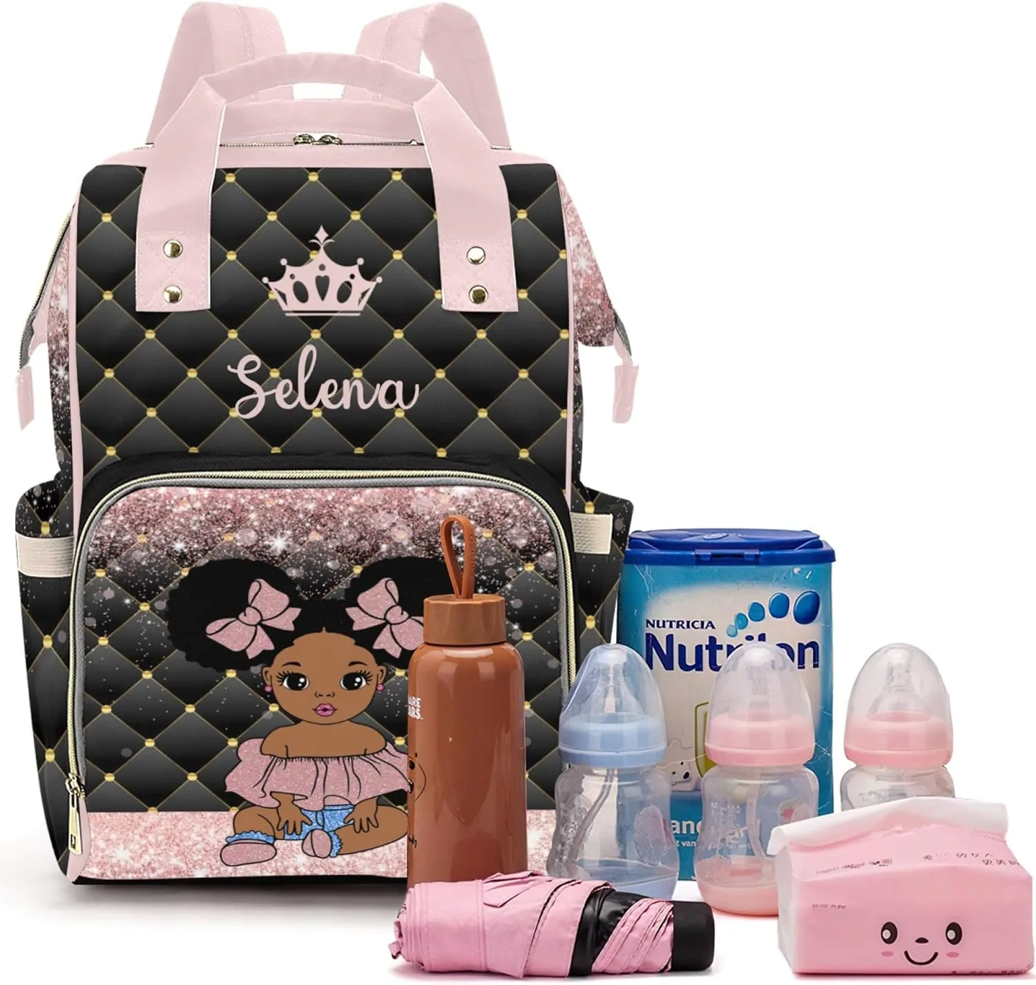 Customizable Large Capacity Diaper Bag Africa Black Personalized Name, Waterproof Multi-Function Mommy Bag with Thermal Pockets for Girls