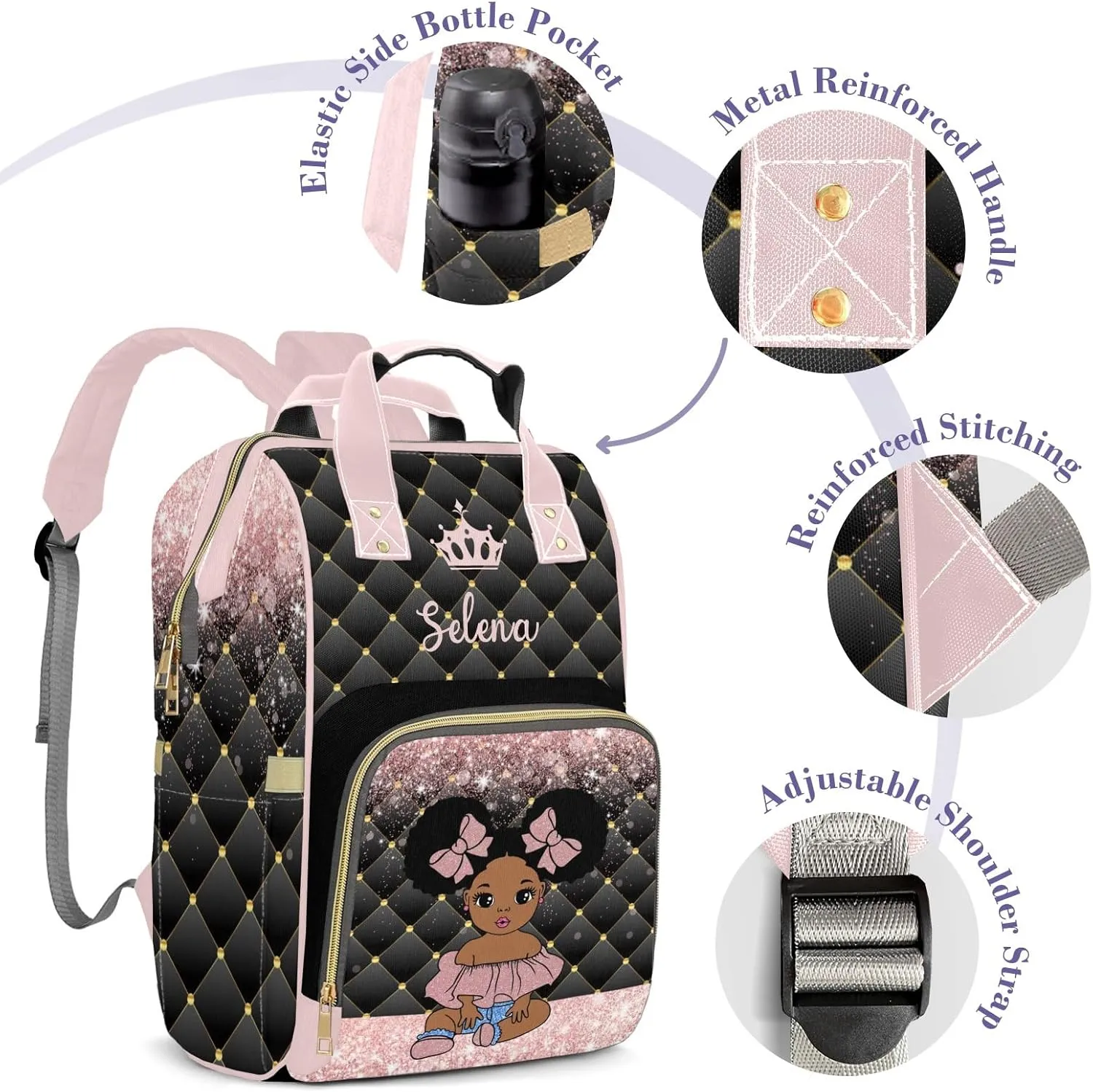 Customizable Large Capacity Diaper Bag Africa Black Personalized Name, Waterproof Multi-Function Mommy Bag with Thermal Pockets for Girls