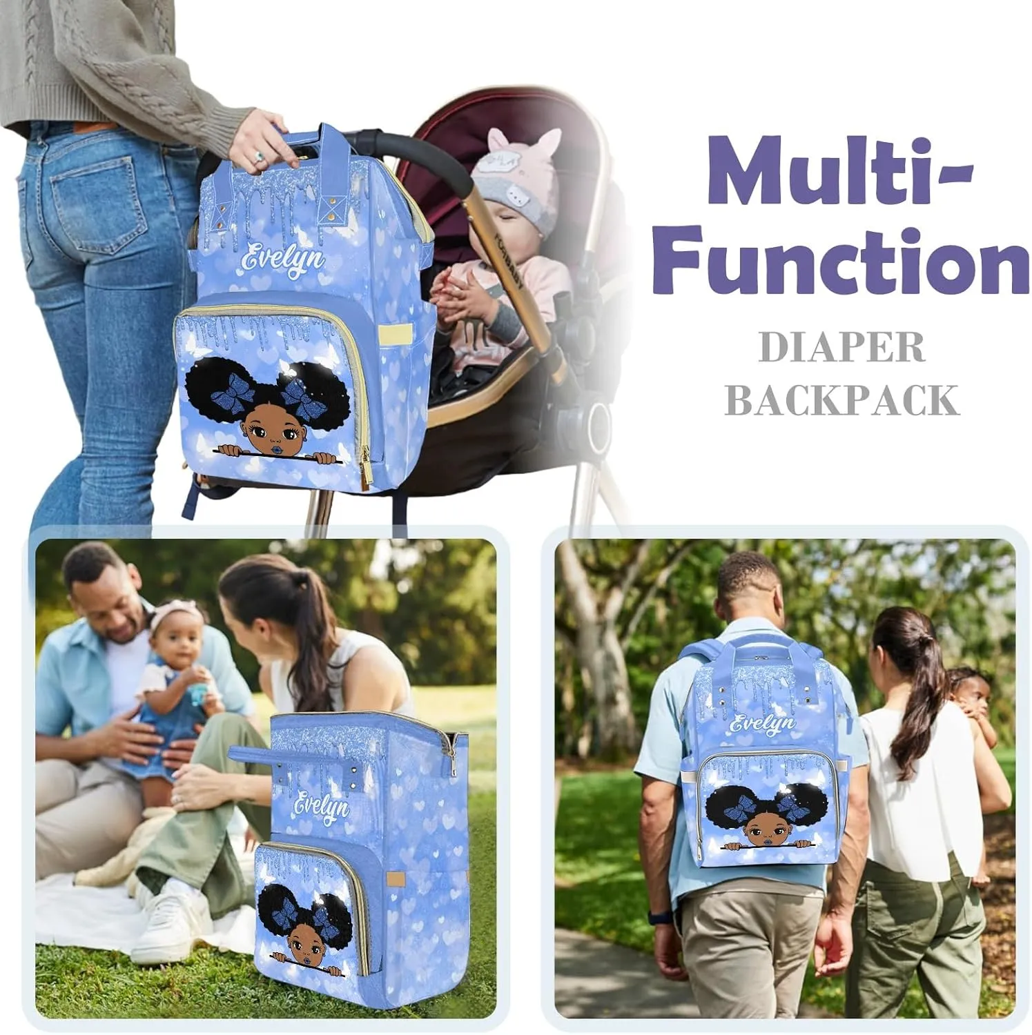 Customizable Large Capacity Diaper Bag Africa Black Personalized Name, Waterproof Multi-Function Mommy Bag with Thermal Pockets for Girls