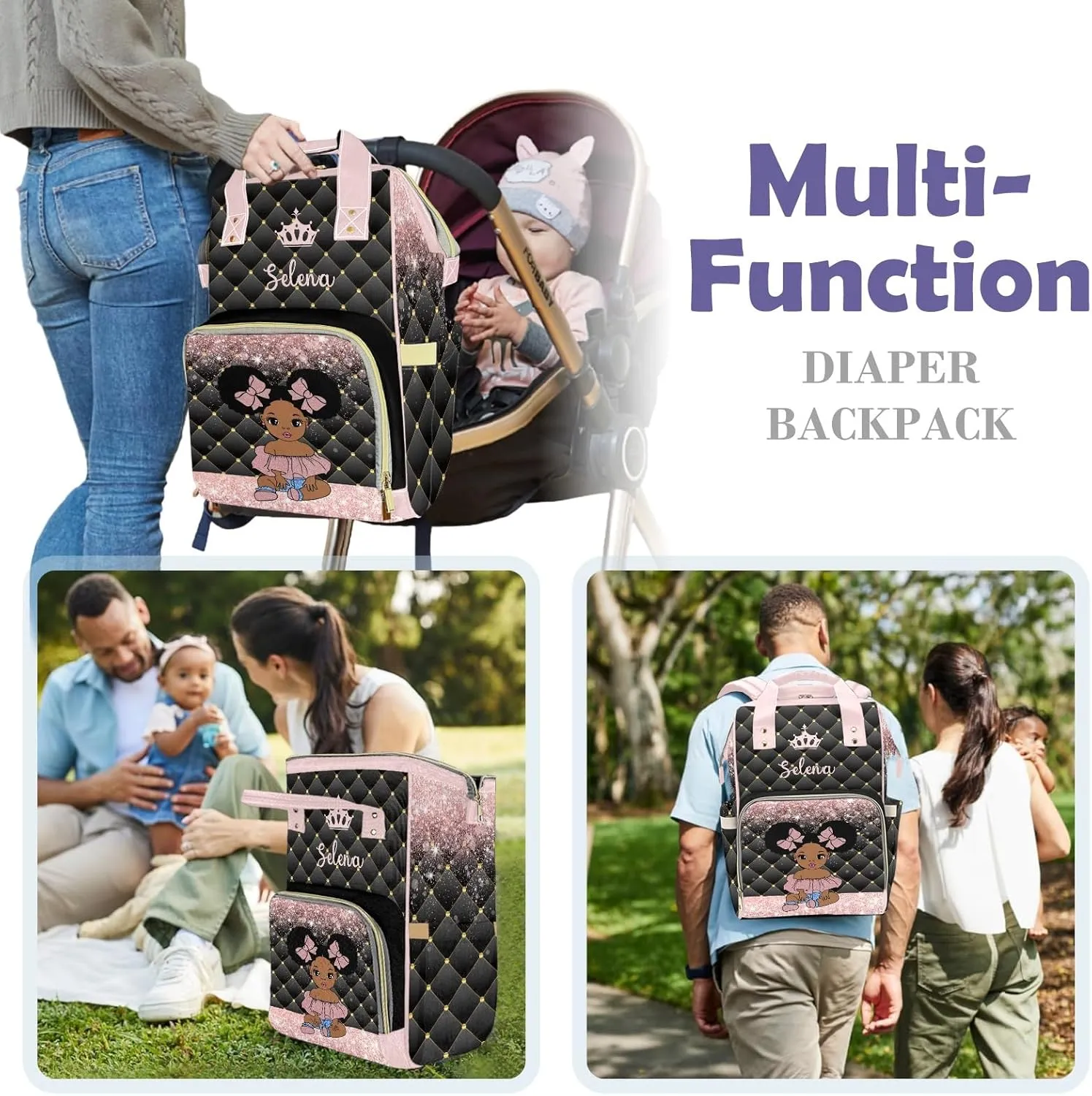 Customizable Large Capacity Diaper Bag Africa Black Personalized Name, Waterproof Multi-Function Mommy Bag with Thermal Pockets for Girls