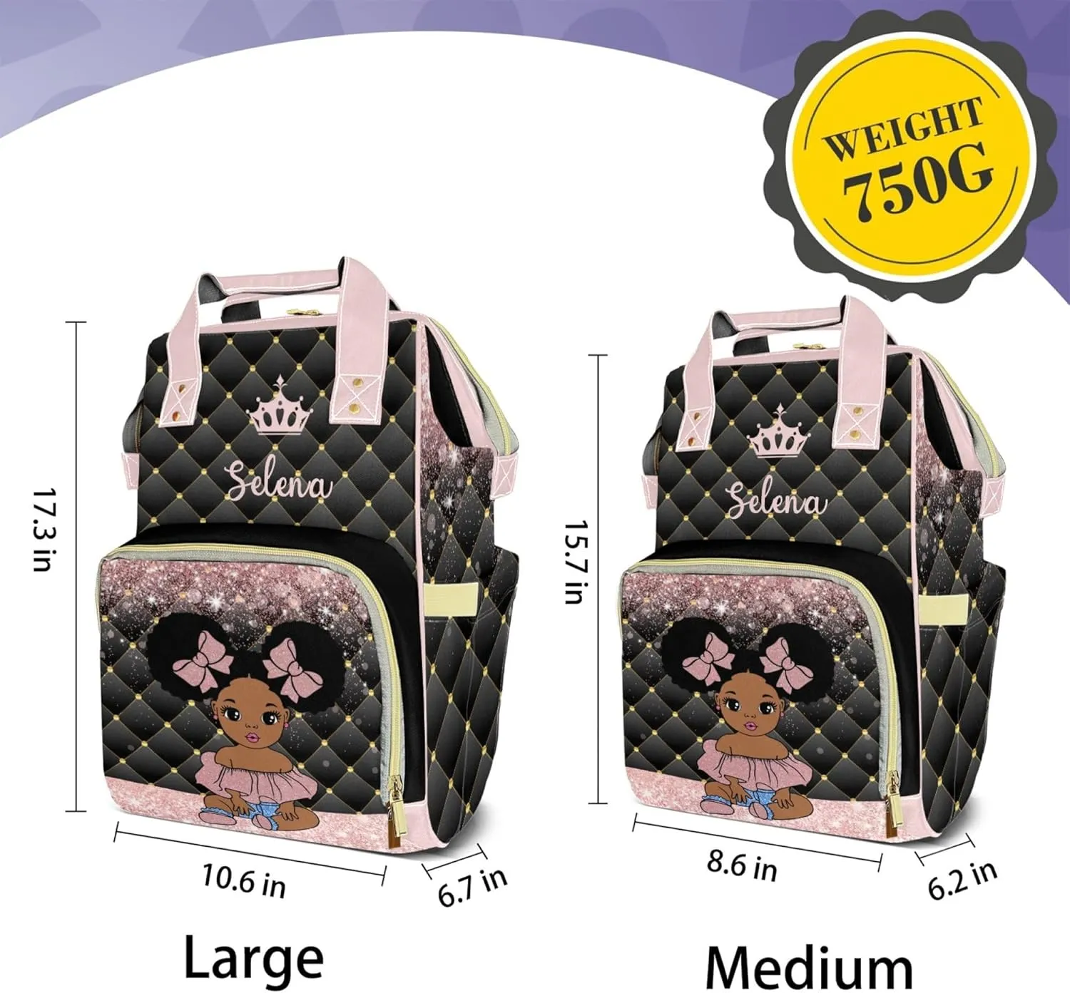 Customizable Large Capacity Diaper Bag Africa Black Personalized Name, Waterproof Multi-Function Mommy Bag with Thermal Pockets for Girls
