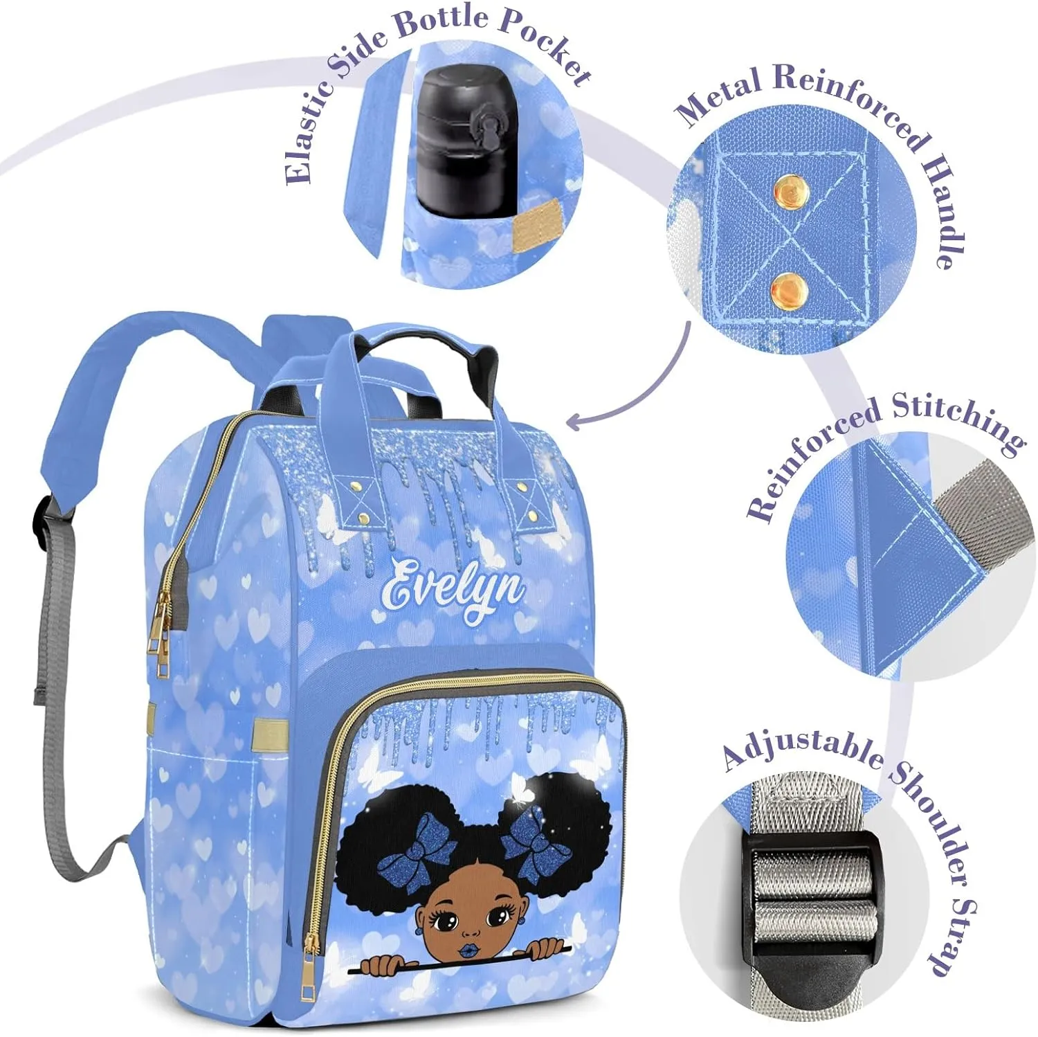 Customizable Large Capacity Diaper Bag Africa Black Personalized Name, Waterproof Multi-Function Mommy Bag with Thermal Pockets for Girls