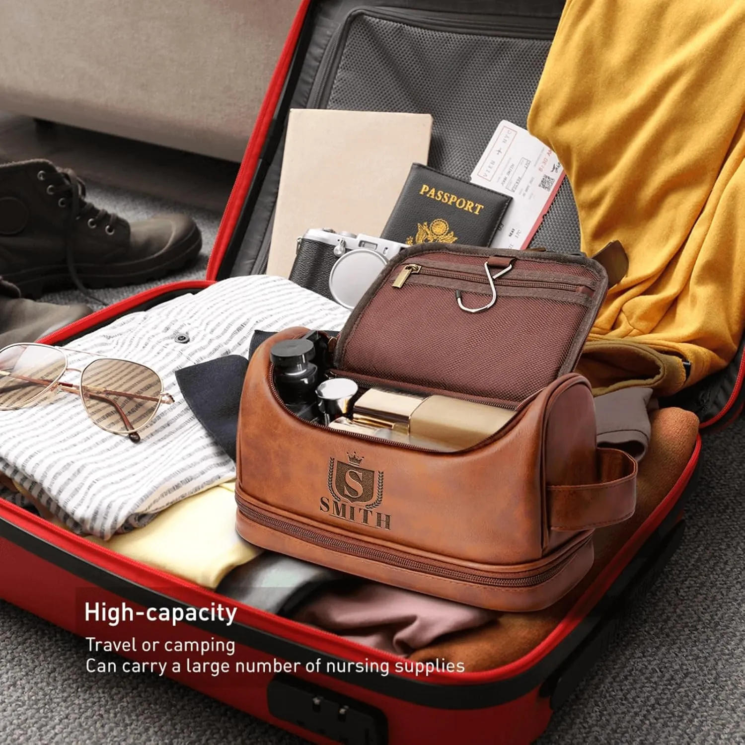 Customized Waterproof Leather Toiletry Bag - Personalized Dopp Kit for Men with Engraved Name/Logo - Ideal Travel Organizer for Husband Boyfriend Dad - Perfect for Wedding, Father's Day, Anniversary