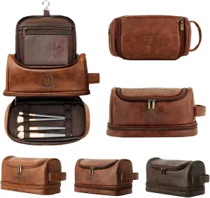 Customized Waterproof Leather Toiletry Bag - Personalized Dopp Kit for Men with Engraved Name/Logo - Ideal Travel Organizer for Husband Boyfriend Dad - Perfect for Wedding, Father's Day, Anniversary