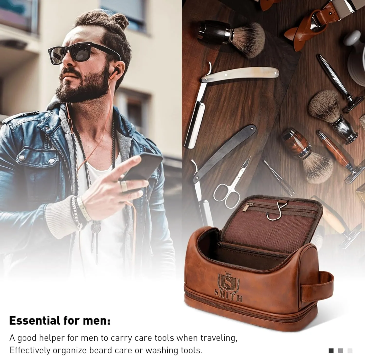 Customized Waterproof Leather Toiletry Bag - Personalized Dopp Kit for Men with Engraved Name/Logo - Ideal Travel Organizer for Husband Boyfriend Dad - Perfect for Wedding, Father's Day, Anniversary