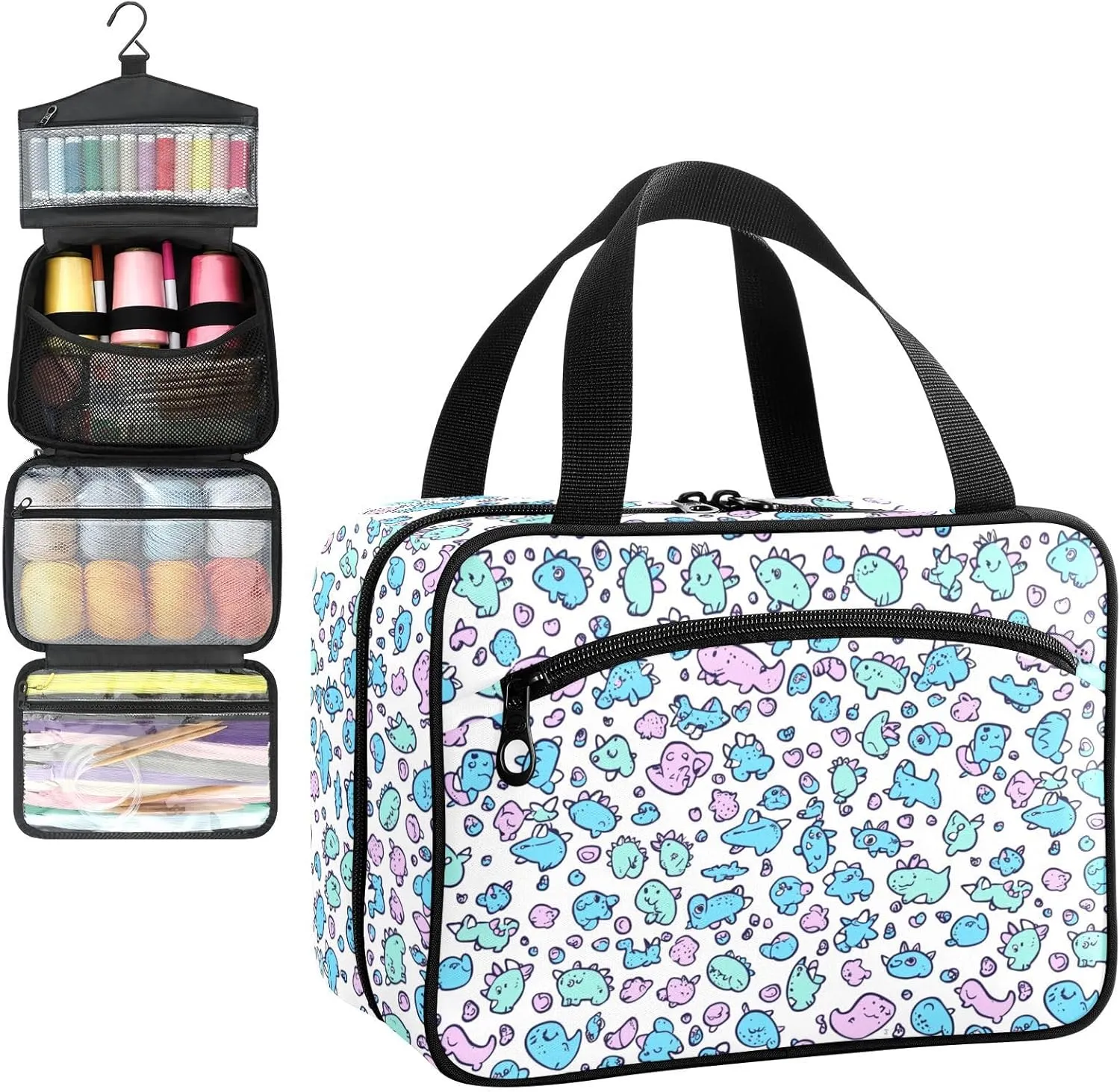 Cute Dinosaur Cartoon Abstract Travel Toiletry Bag, Hanging Toiletry Bag Portable with Zipper, Sewing Storage with 4 Compartment and Hook for women/men Travel/Daily Use