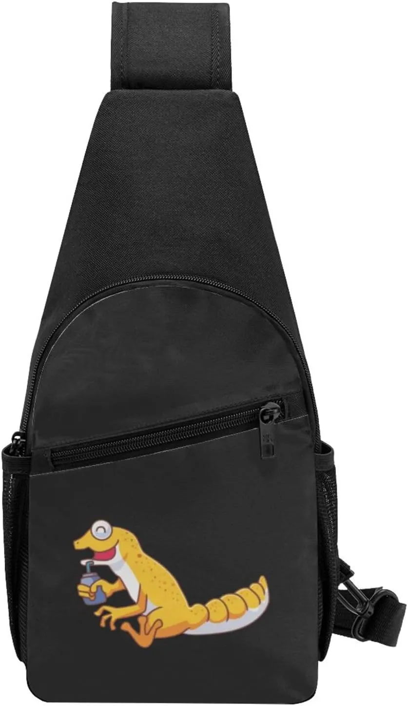Cute Gecko Lizard Drinking Unisex Chest Bag Lightweight Crossbody Shoulder Bag Travel Pocket