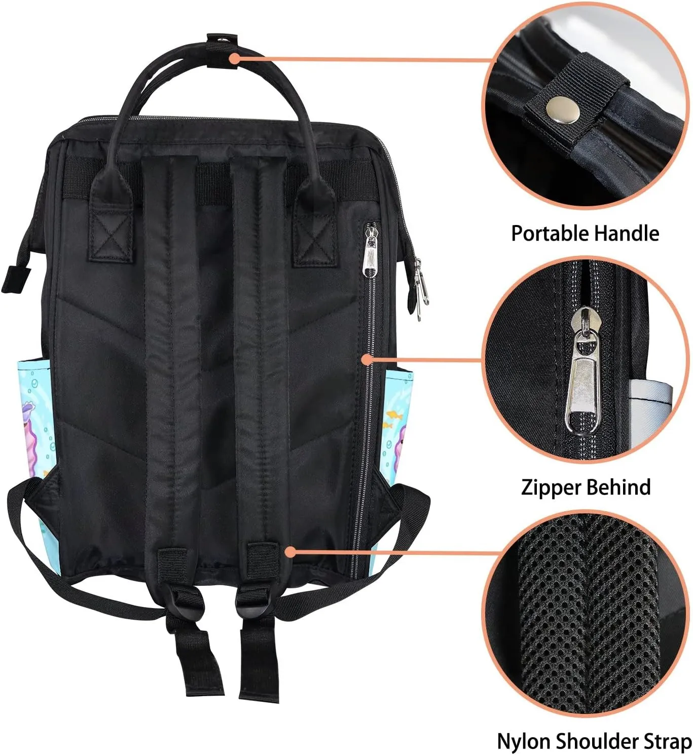 Cute Green Mermaid Dark Skin Diaper Bag Backpack, waterproof backpack Baby Nappy Changing Bags Laptop Backpack for Travel, Large Capacity, Durable and Stylish for Woman and Men.