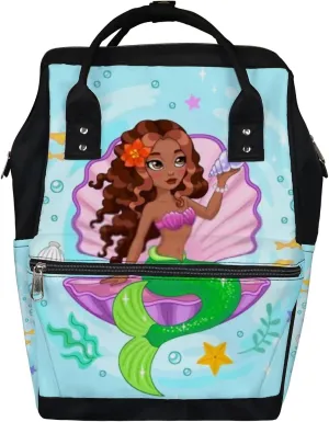 Cute Green Mermaid Dark Skin Diaper Bag Backpack, waterproof backpack Baby Nappy Changing Bags Laptop Backpack for Travel, Large Capacity, Durable and Stylish for Woman and Men.