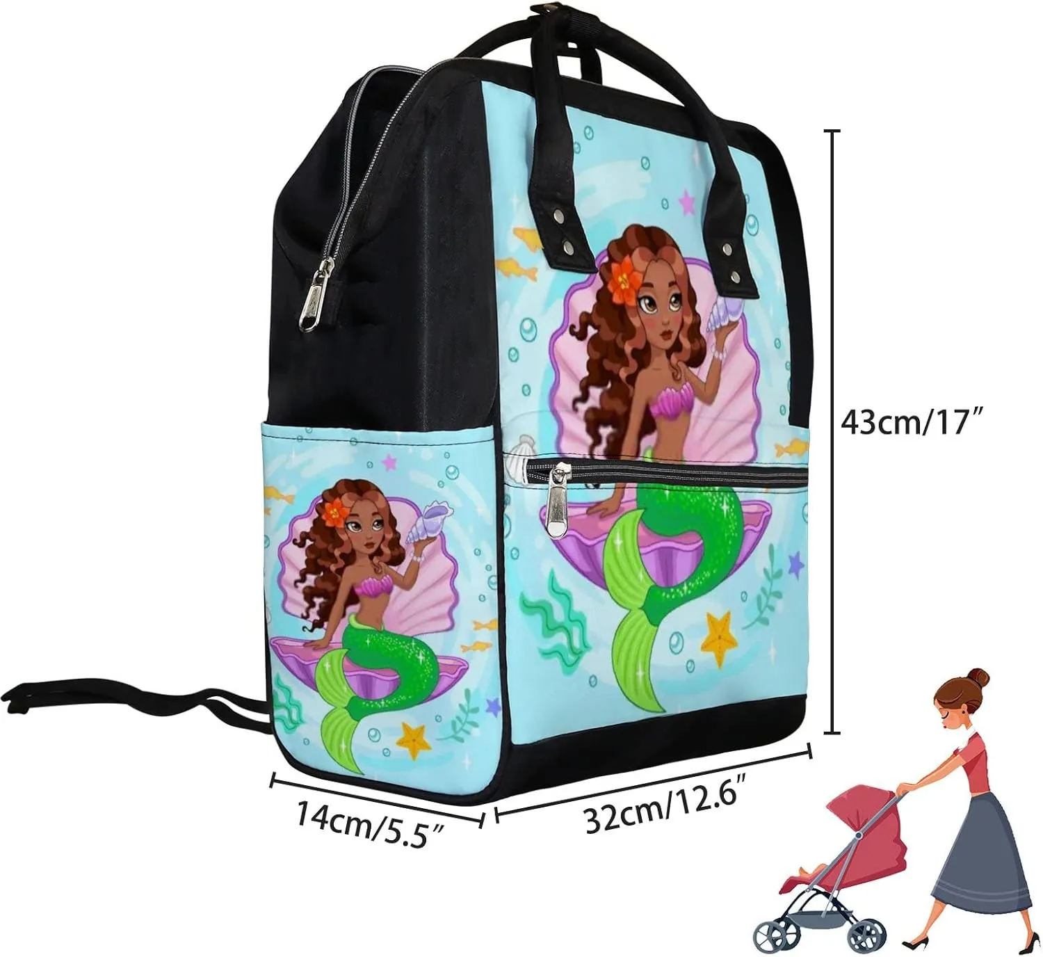 Cute Green Mermaid Dark Skin Diaper Bag Backpack, waterproof backpack Baby Nappy Changing Bags Laptop Backpack for Travel, Large Capacity, Durable and Stylish for Woman and Men.