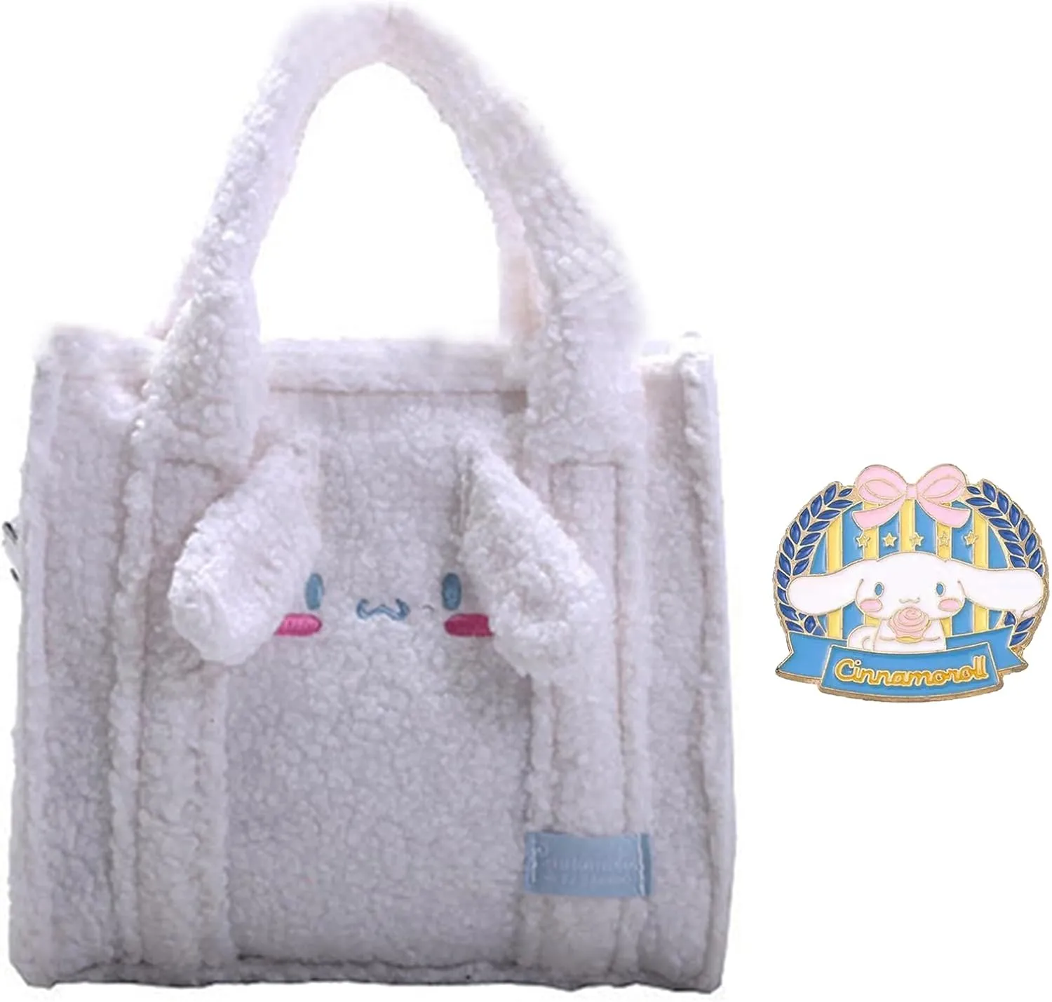 Cute Kitty Friends Plush Crossbody Bag with Adjustable Shoulder Strap and Pin, Kawaii Handbag with Zipper, Wallet Purse Pouch