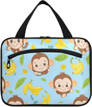 Cute Monkey and Bananas Glory Blue hanging cosmetic bag for women with hook, designer foldable toiletries bag for mom vacation organizador de maquillaje para