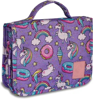 Cute Rainbow Unicorn Cartoon Toiletry Bag for Girls and Kids, Waterproof Bathroom Bag for Weekend with Many Rooms Pockets and Portable 360 Degree Hanging Hook
