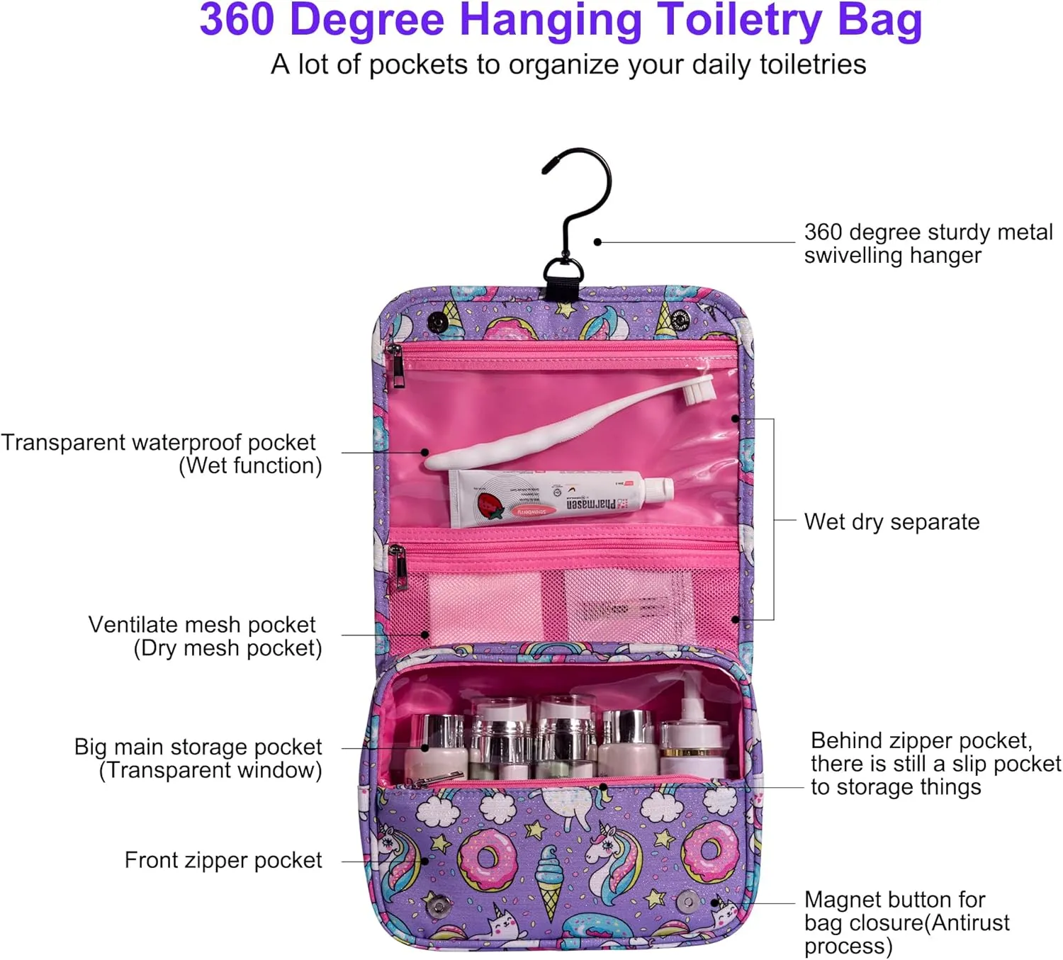 Cute Rainbow Unicorn Cartoon Toiletry Bag for Girls and Kids, Waterproof Bathroom Bag for Weekend with Many Rooms Pockets and Portable 360 Degree Hanging Hook